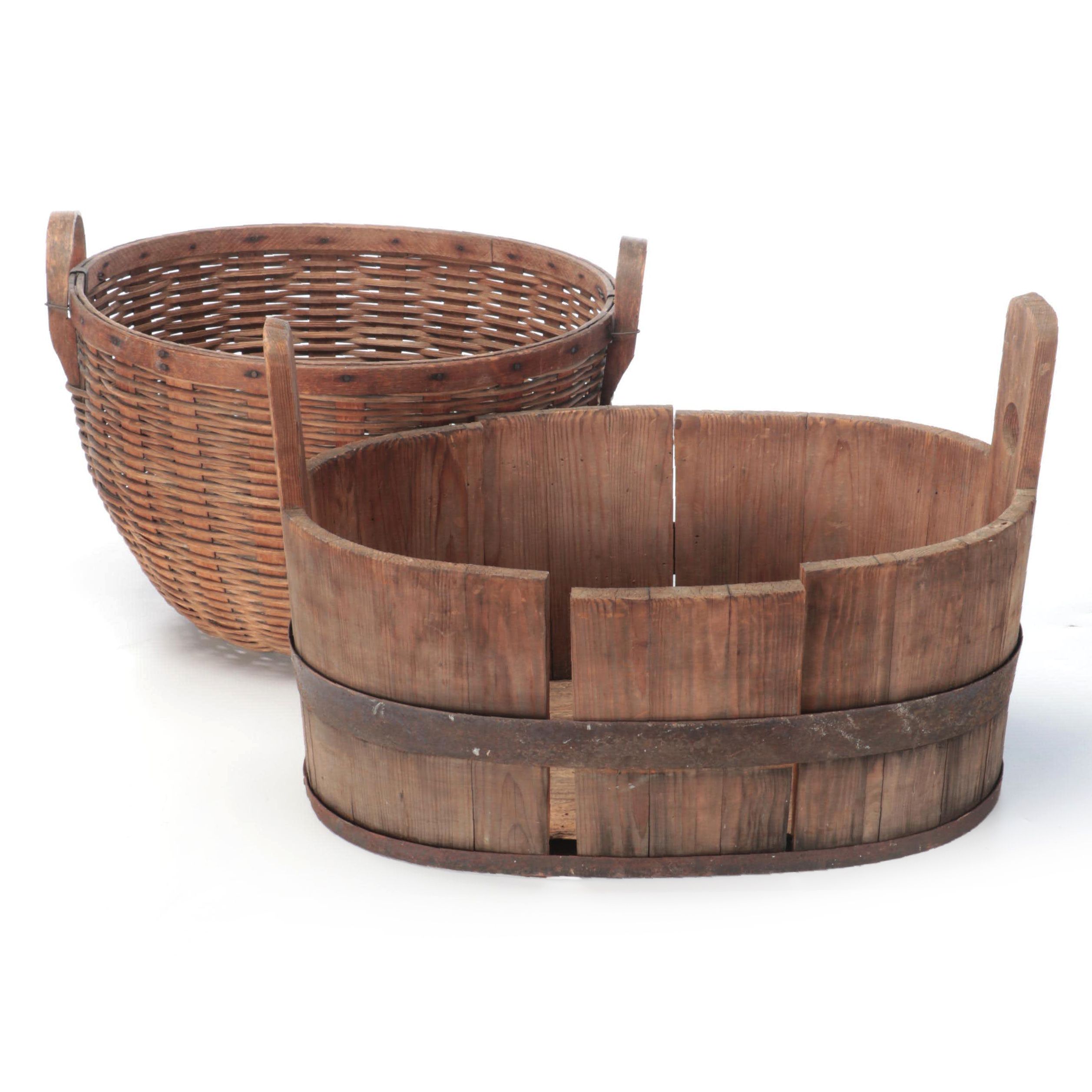 Bent Wood Metal Banded Bucket and Woven Gathering Basket