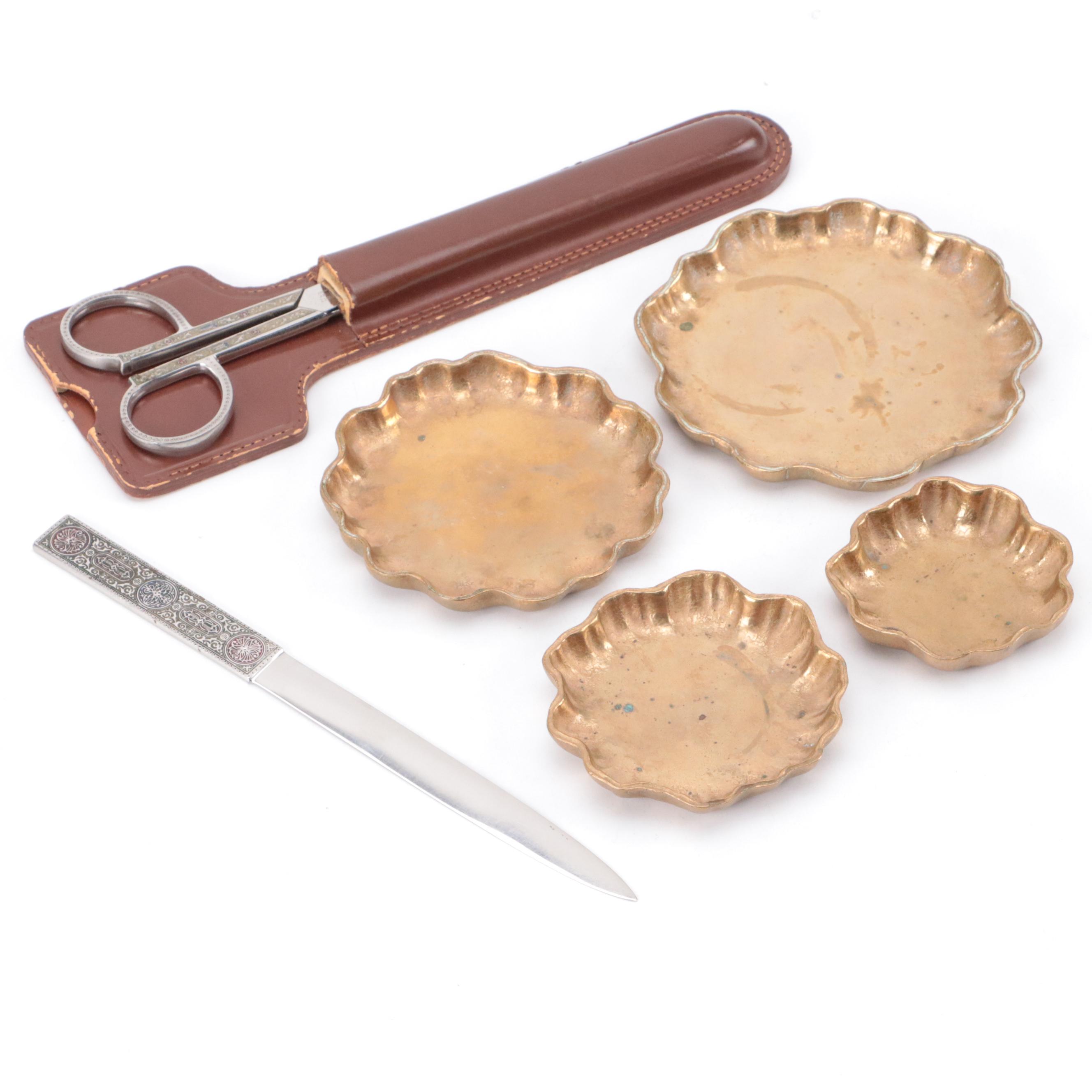 Tiffany Studios Bronze Nesting Trays with Hoffritz Scissor and Letter Opener Set