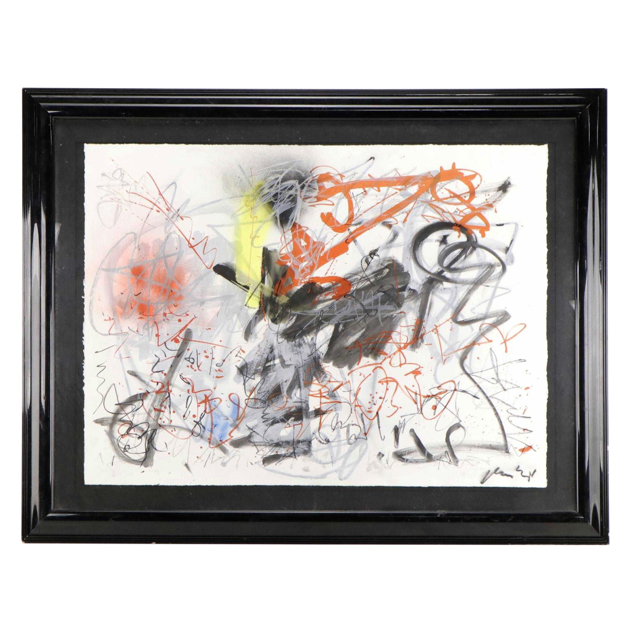 András Markós Abstract Expressionist Style Gouache and Conté Painting