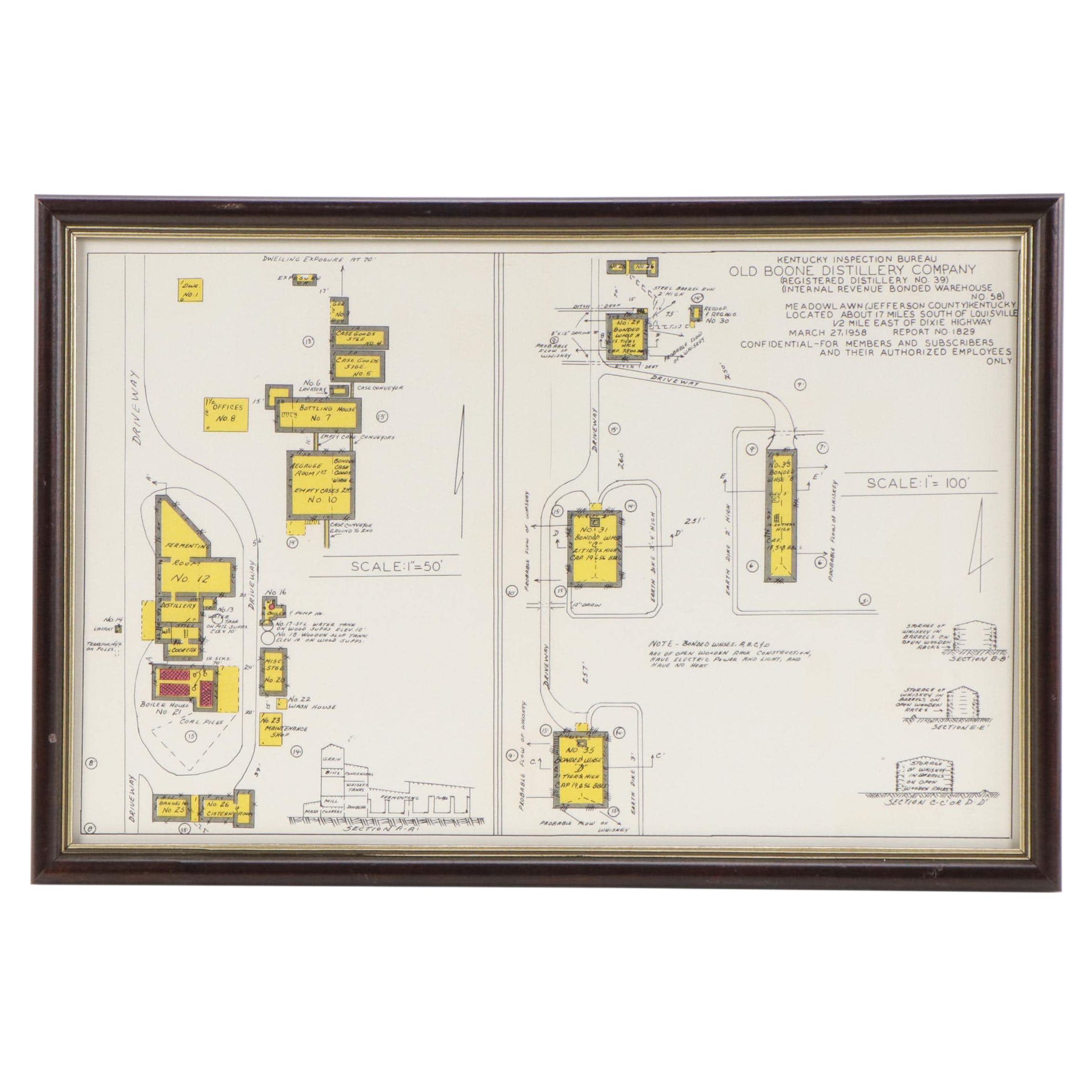 Giclée Blueprint of the Old Boone Distillery Company, Mid 20th Century
