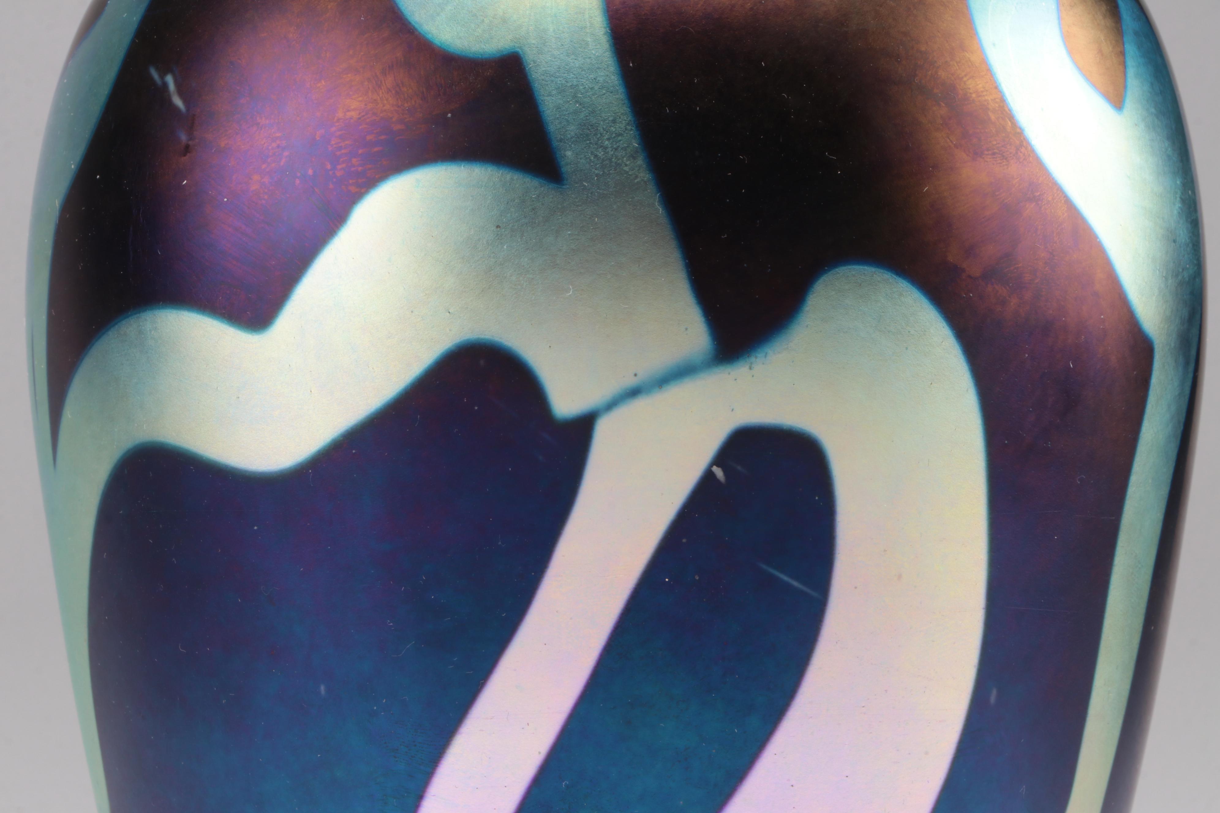 Robert Eickholt Handblown Iridescent with Trailing Studio Art Glass Vase, 2003