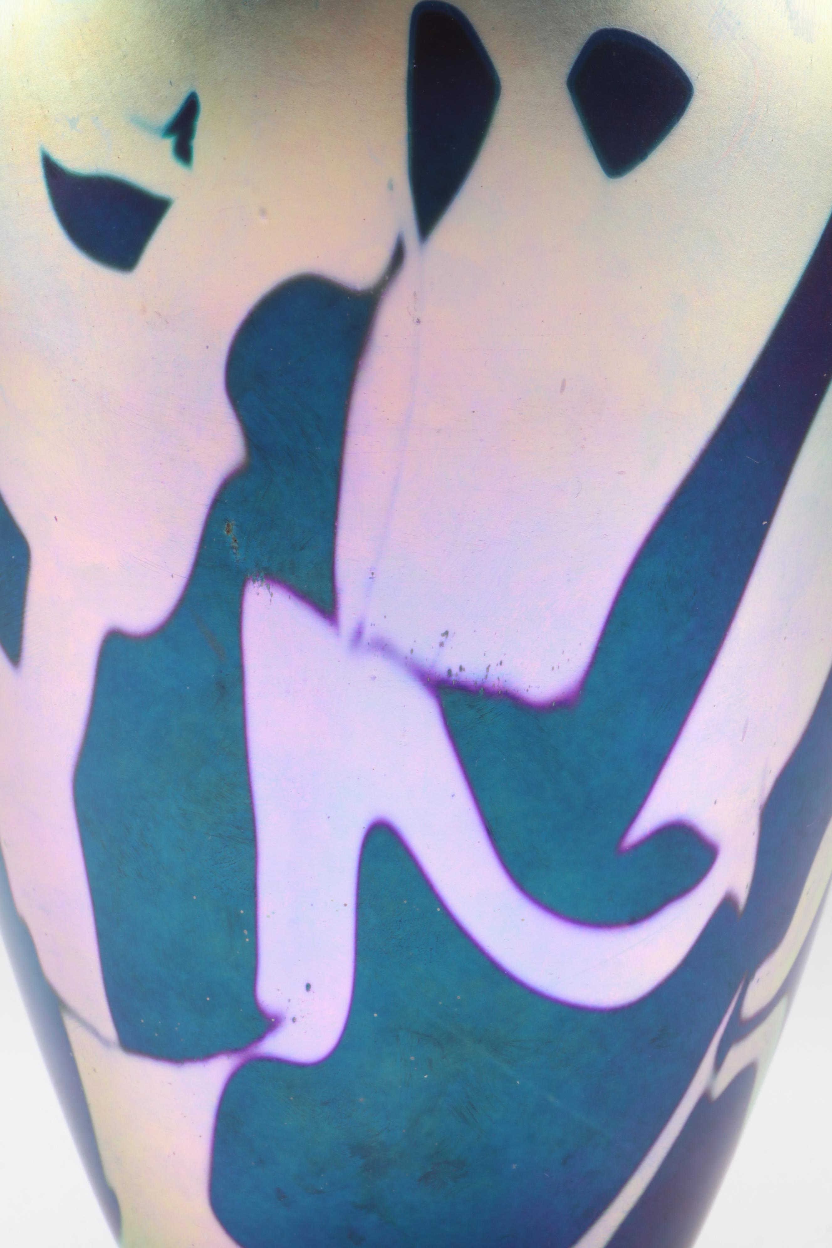 Robert Eickholt Handblown Iridescent with Trailing Studio Art Glass Vase, 2003