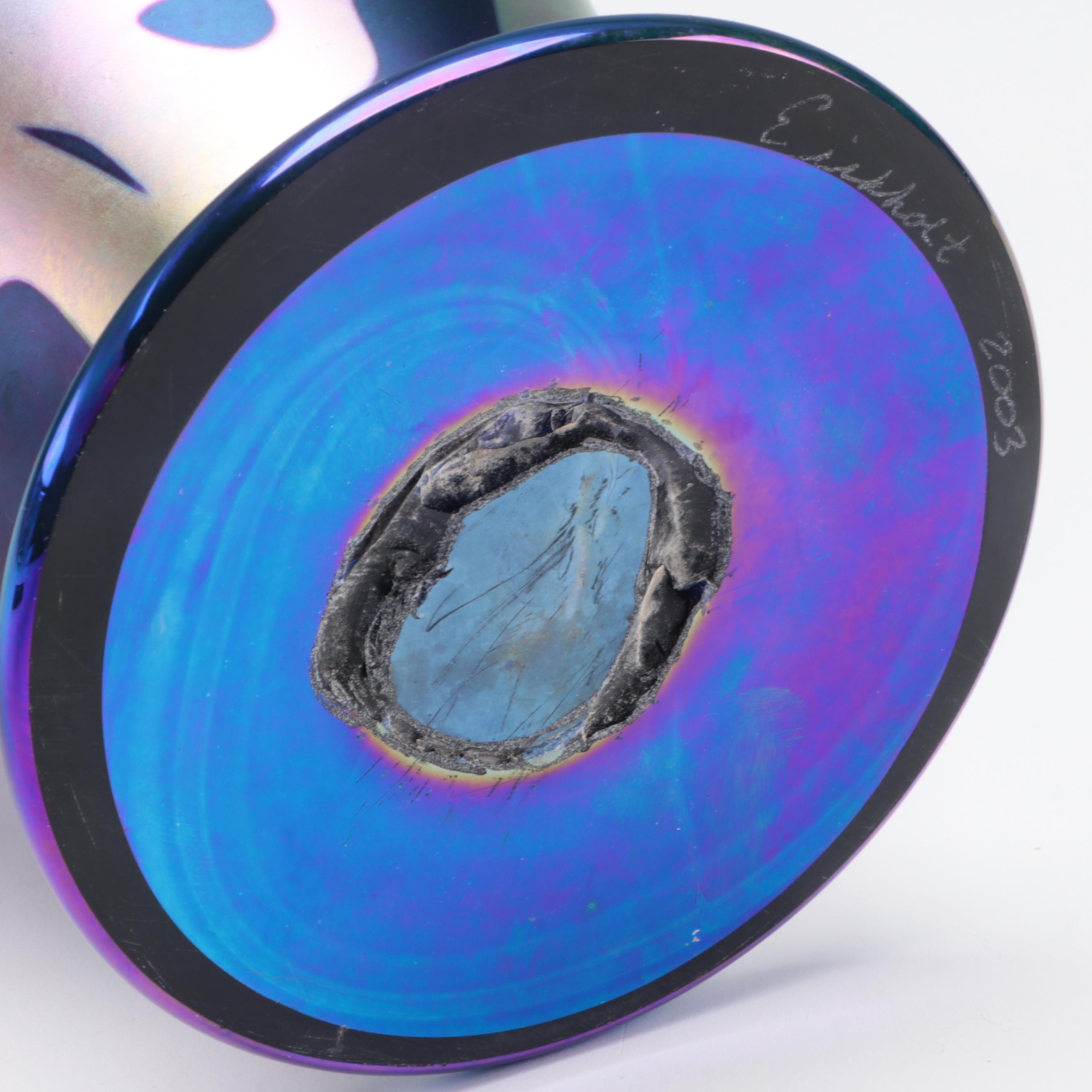 Robert Eickholt Handblown Iridescent with Trailing Studio Art Glass Vase, 2003