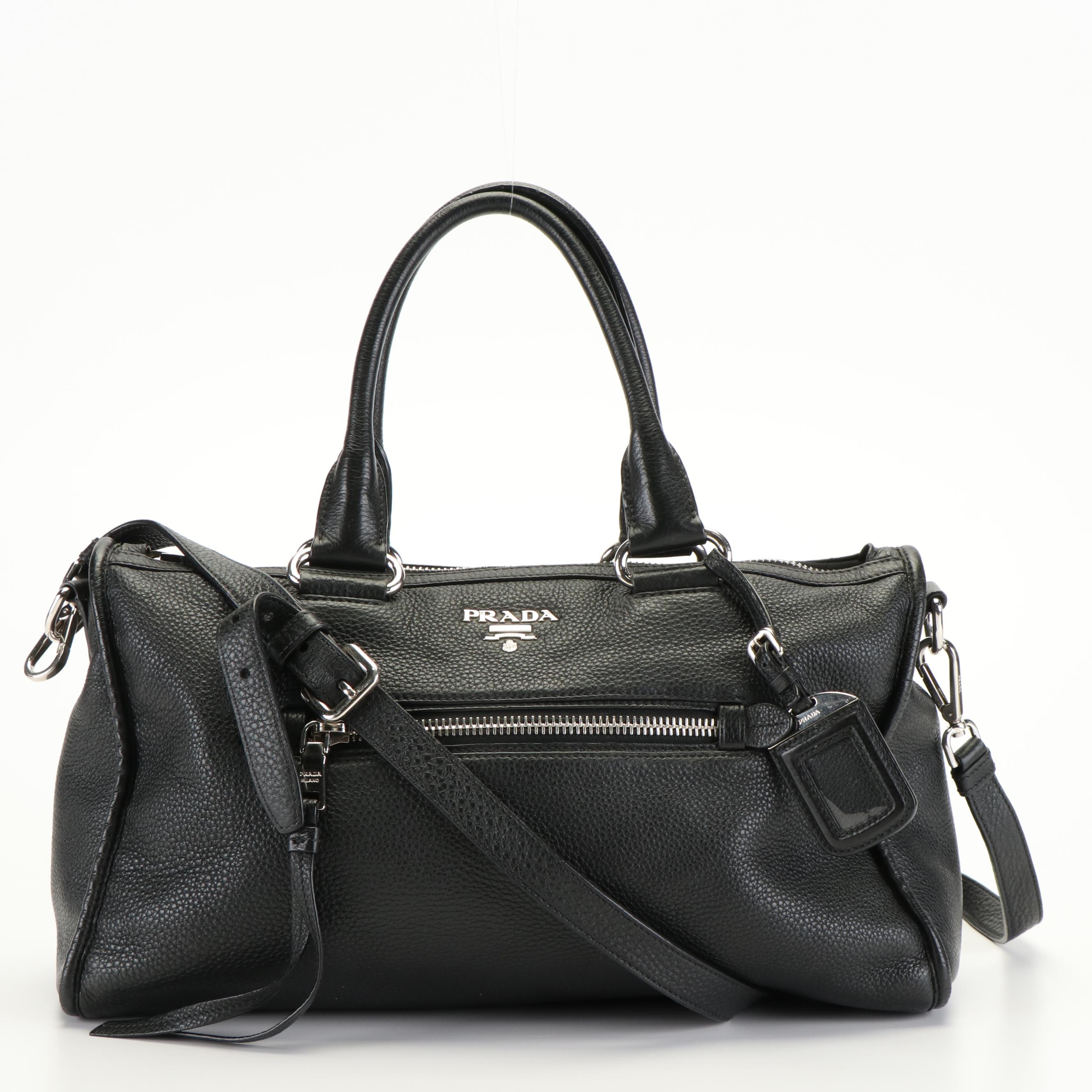 Prada Convertible Satchel in Black Vitello Leather