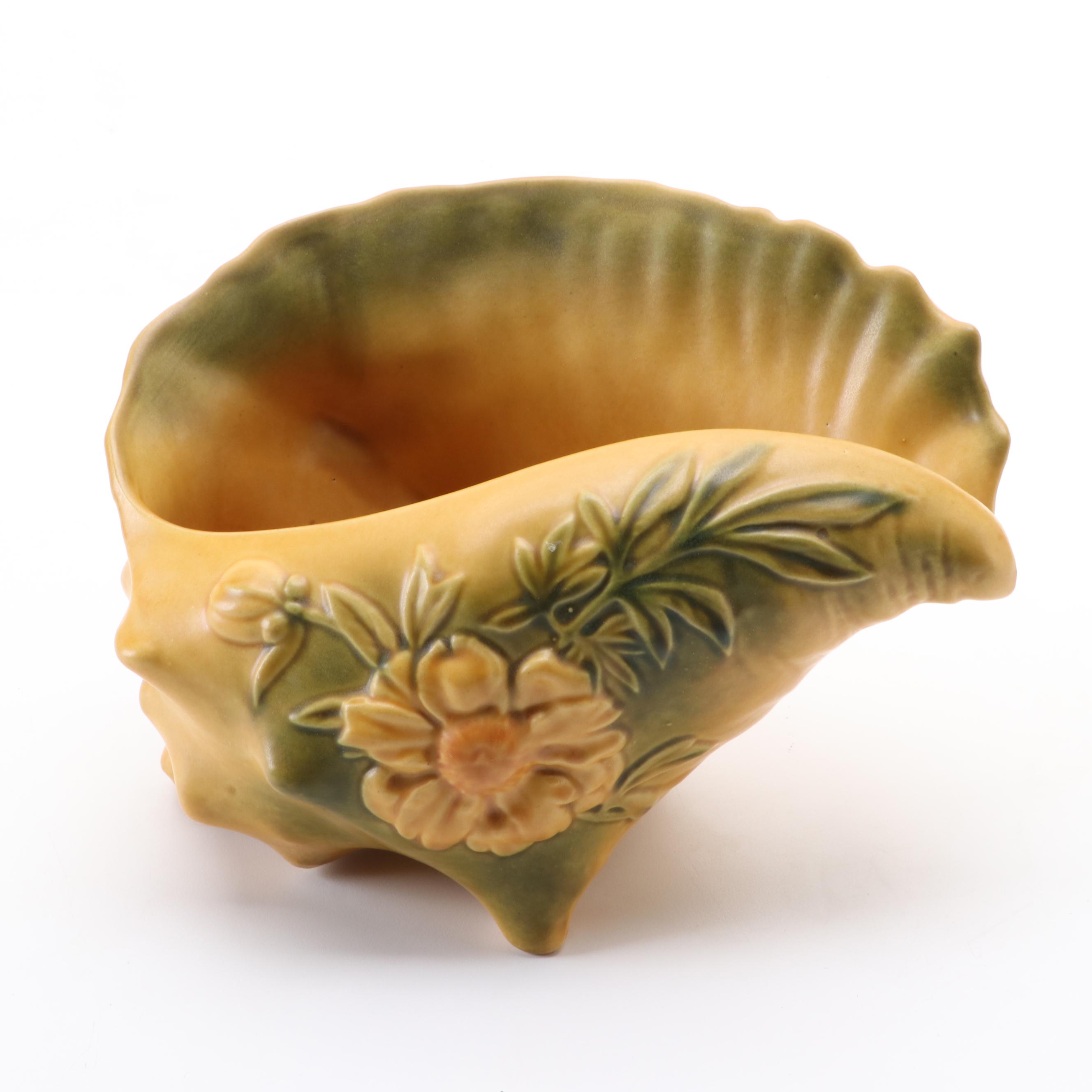 Roseville "Peony Sienna Yellow" Ceramic Conch Shell Planter, Mid-20th Century