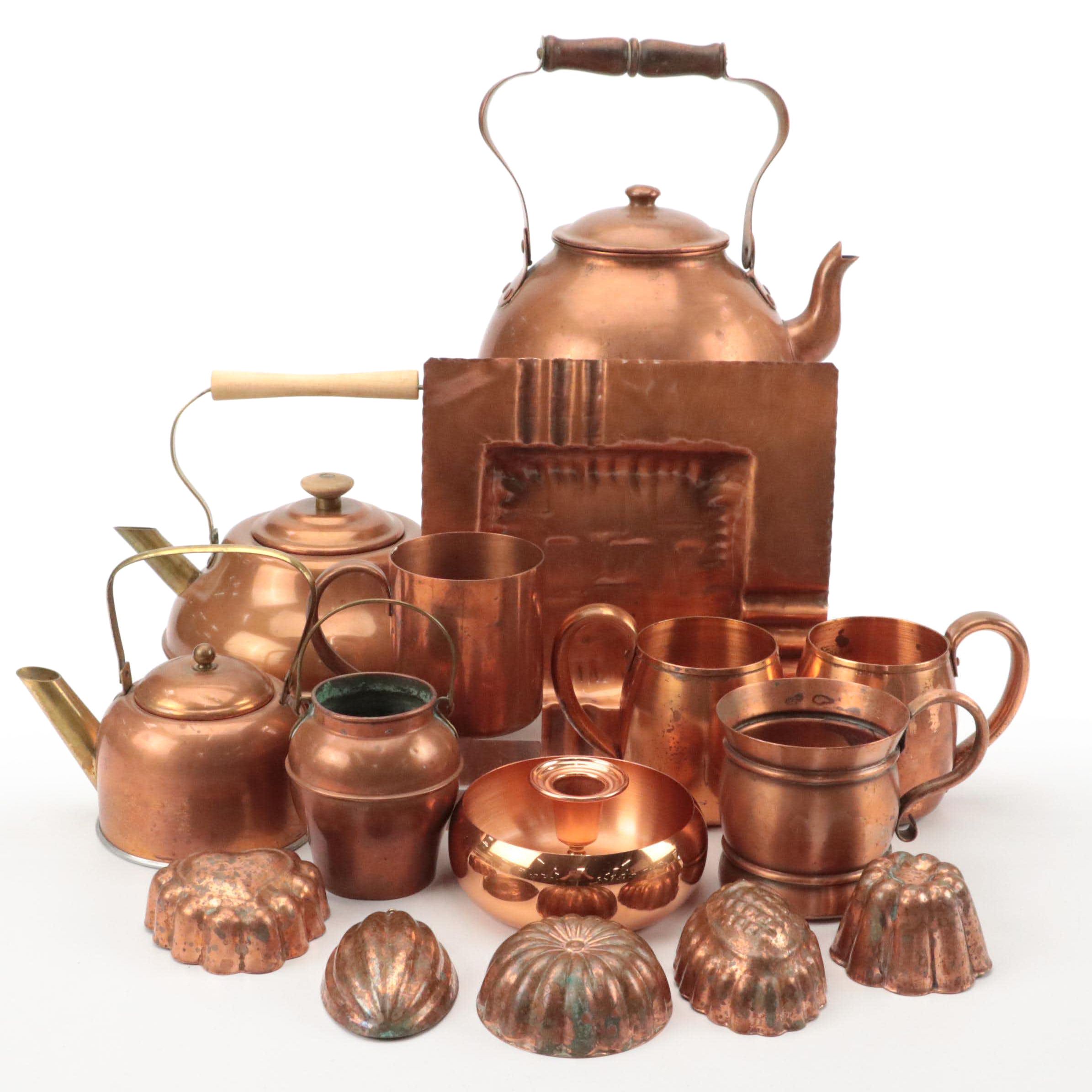 Gregorian Copper Ashtray with Other Copper Kettles and Kitchenware