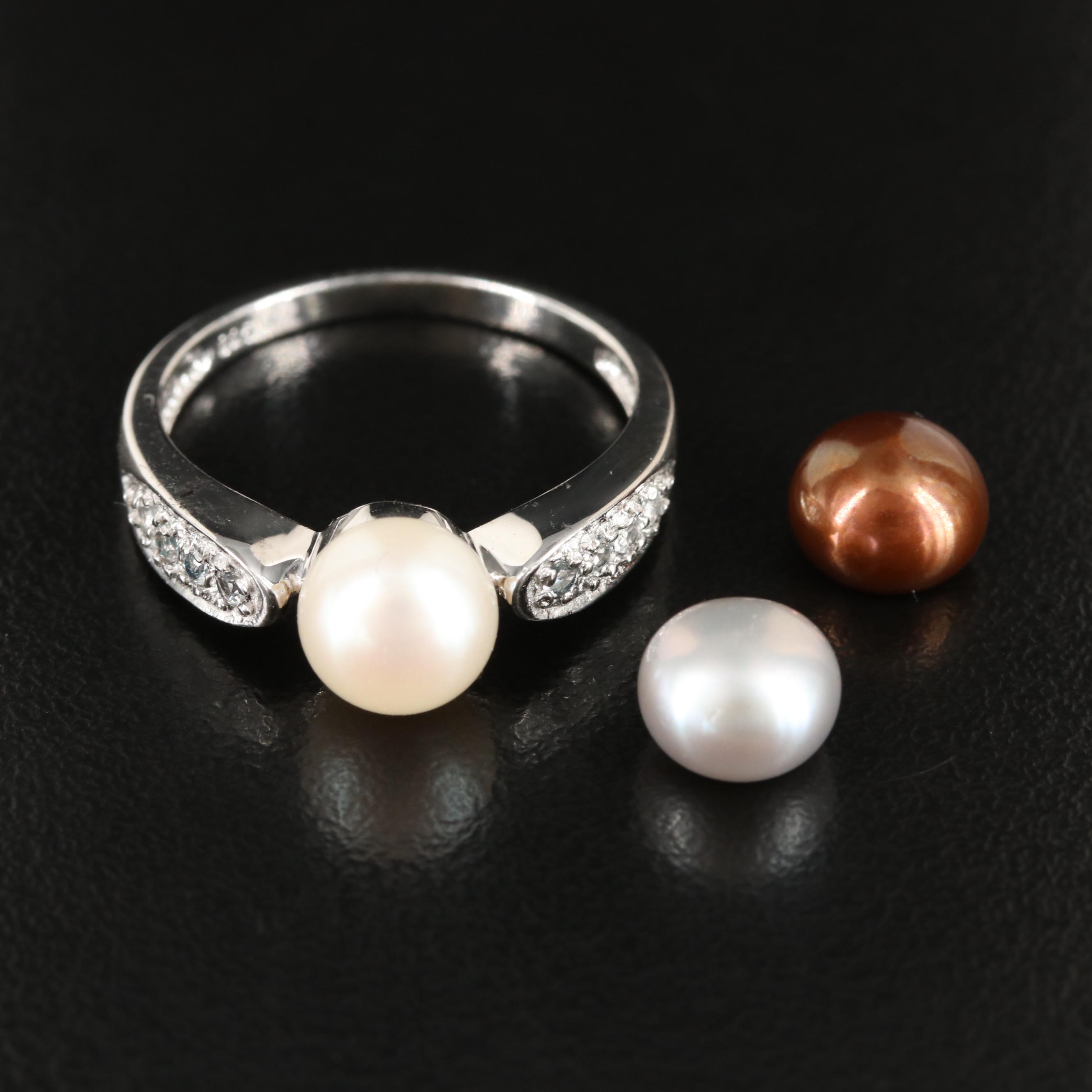 Sterling Pearl and White Topaz Ring with Interchangeable Center