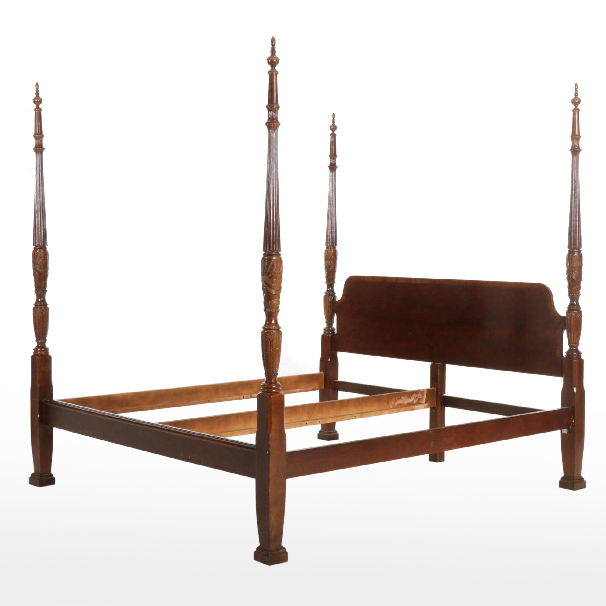 Federal Style King Size Rice-Carved Cherrywood Four Poster Bed Frame