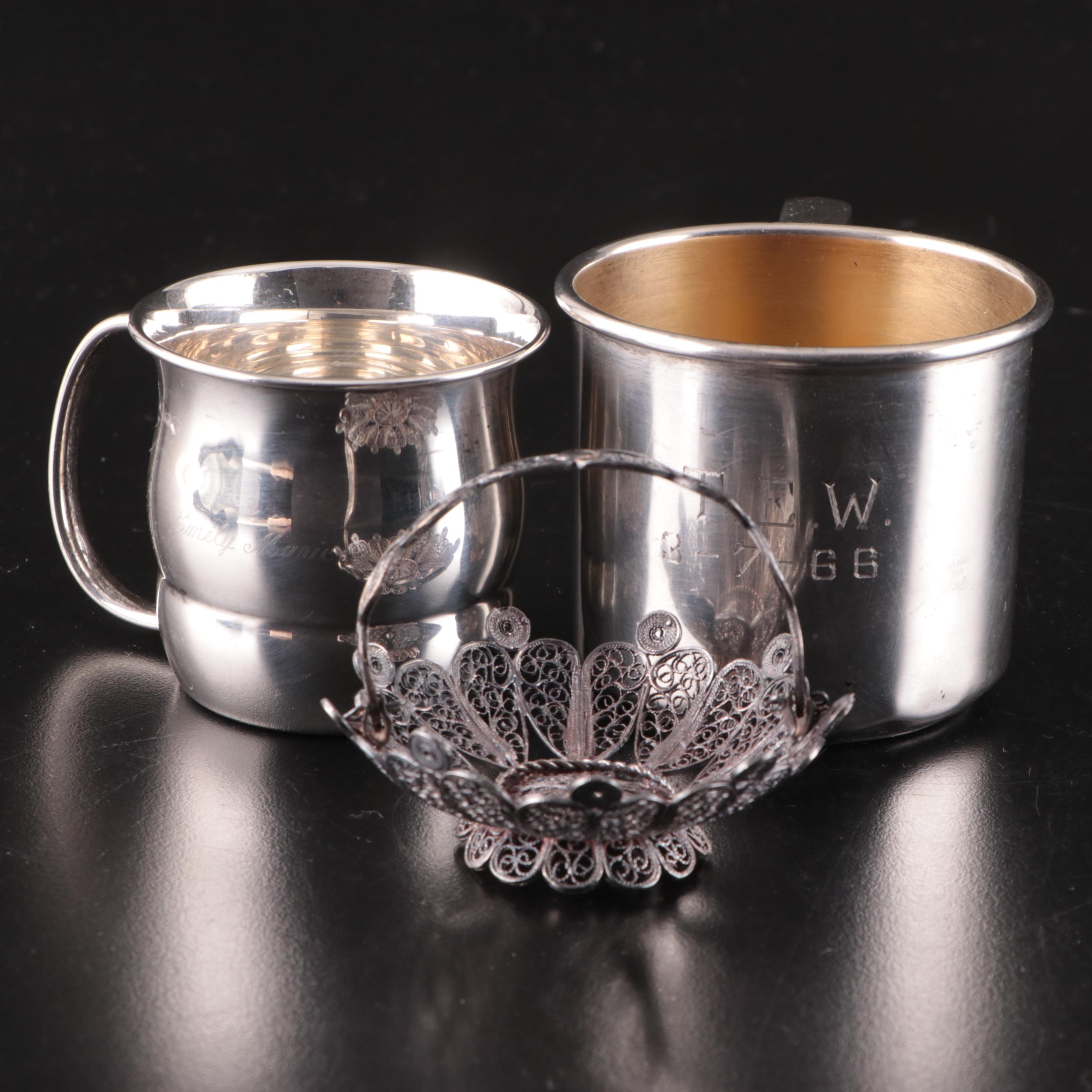 Towle and Gorham Sterling Silver  Baby Cups and Filigree Basket