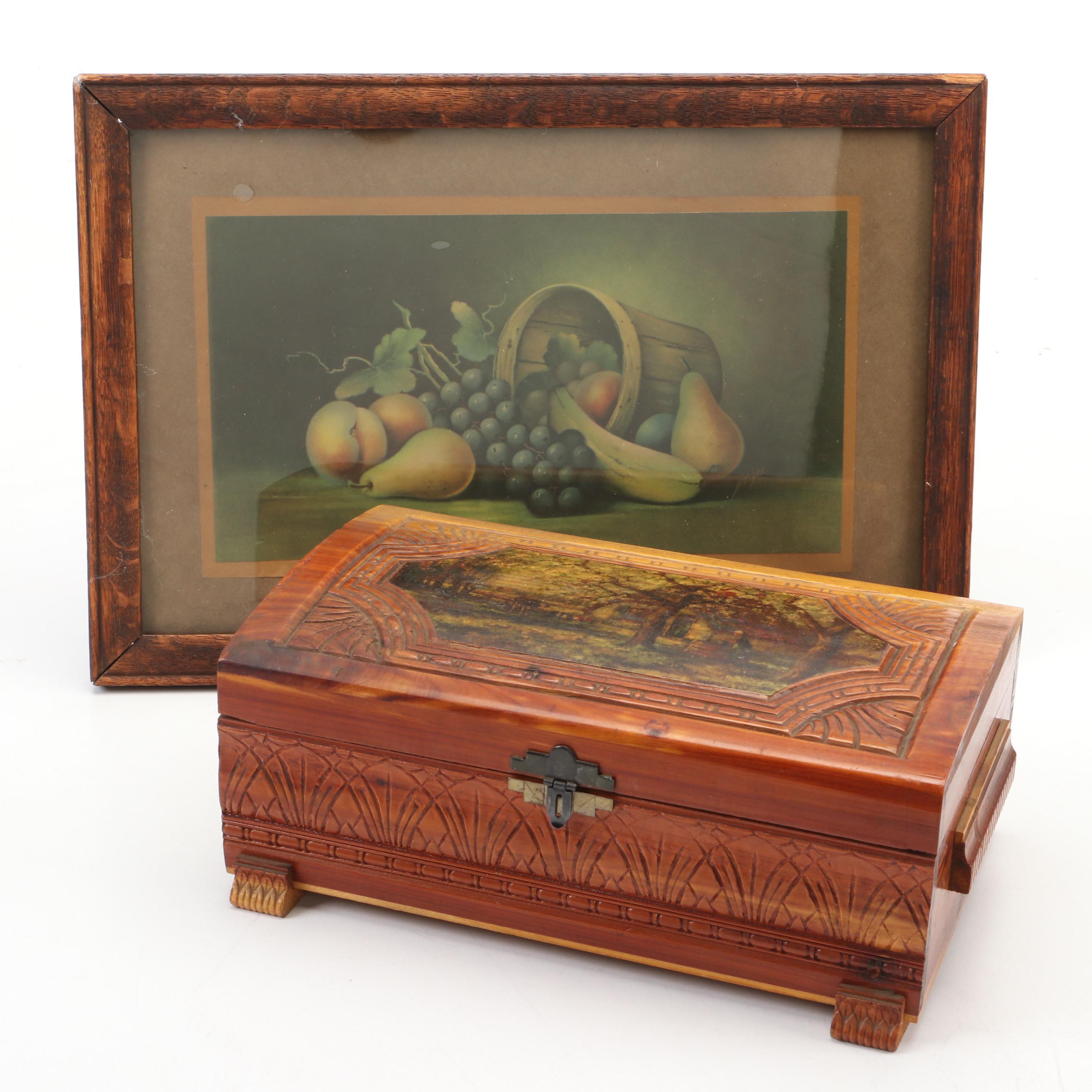 Hand-Carved Cedar Wood Document Box With Still Life Fruits Print in Frame