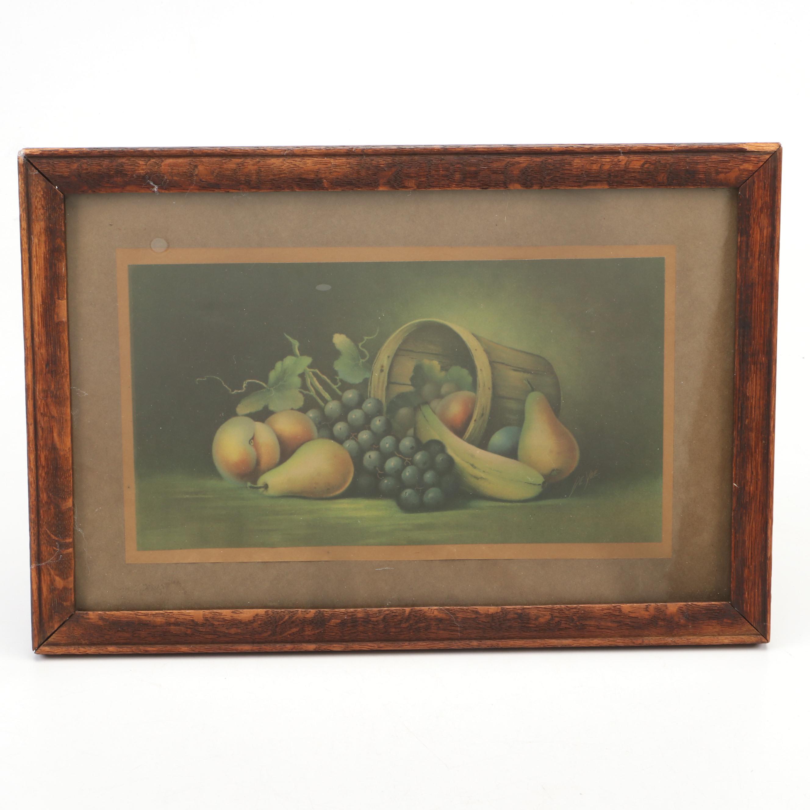 Hand-Carved Cedar Wood Document Box With Still Life Fruits Print in Frame