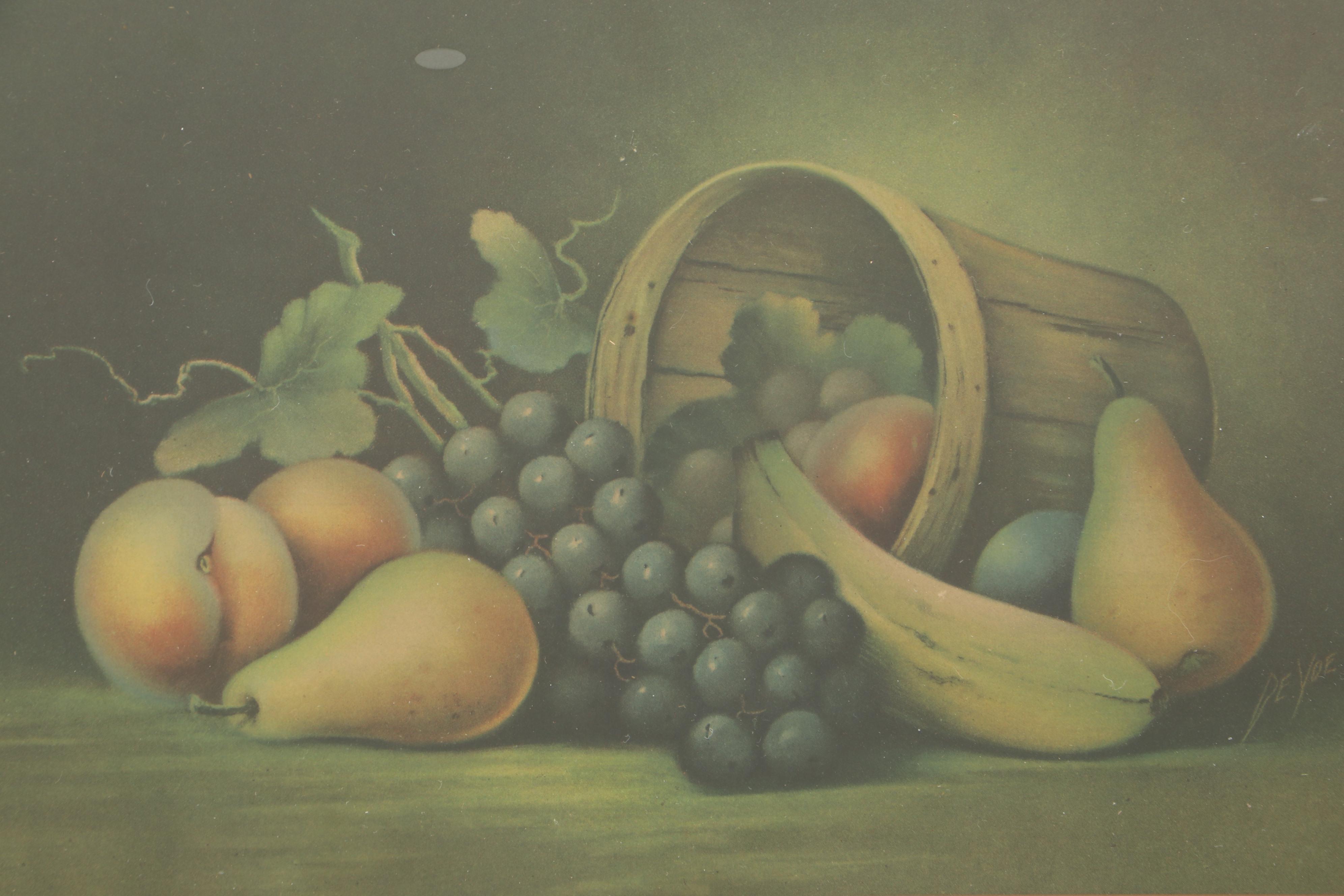 Hand-Carved Cedar Wood Document Box With Still Life Fruits Print in Frame