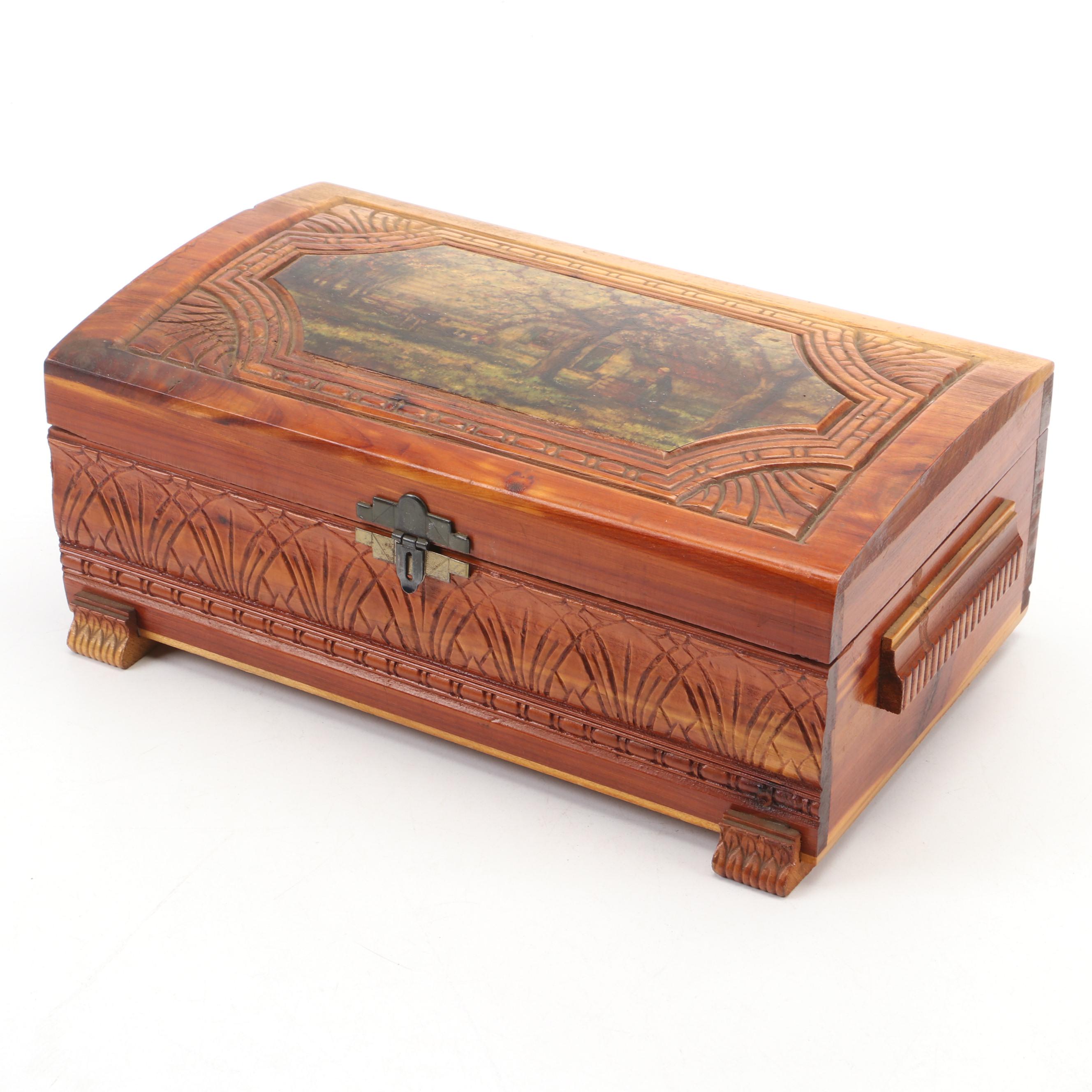 Hand-Carved Cedar Wood Document Box With Still Life Fruits Print in Frame