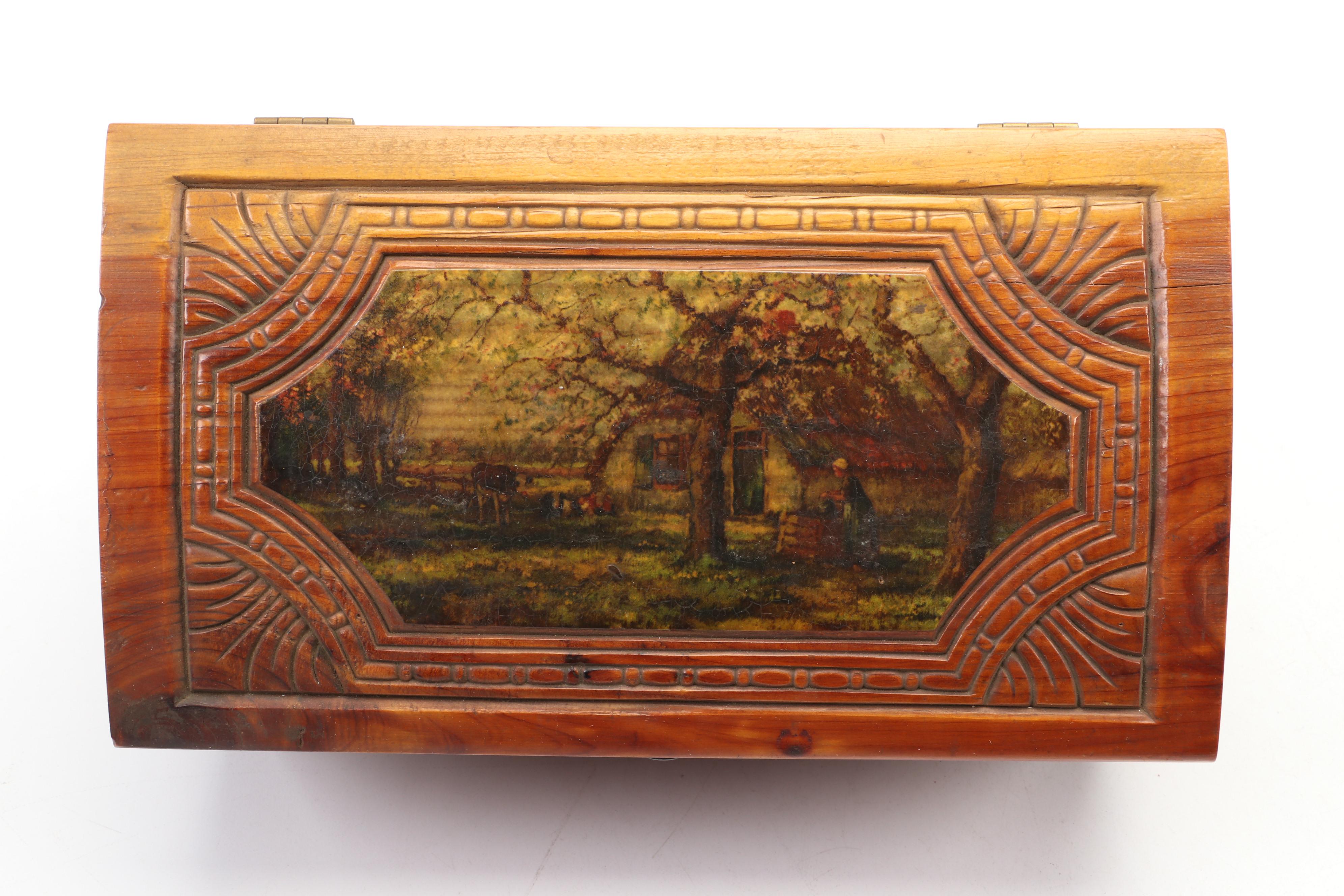 Hand-Carved Cedar Wood Document Box With Still Life Fruits Print in Frame