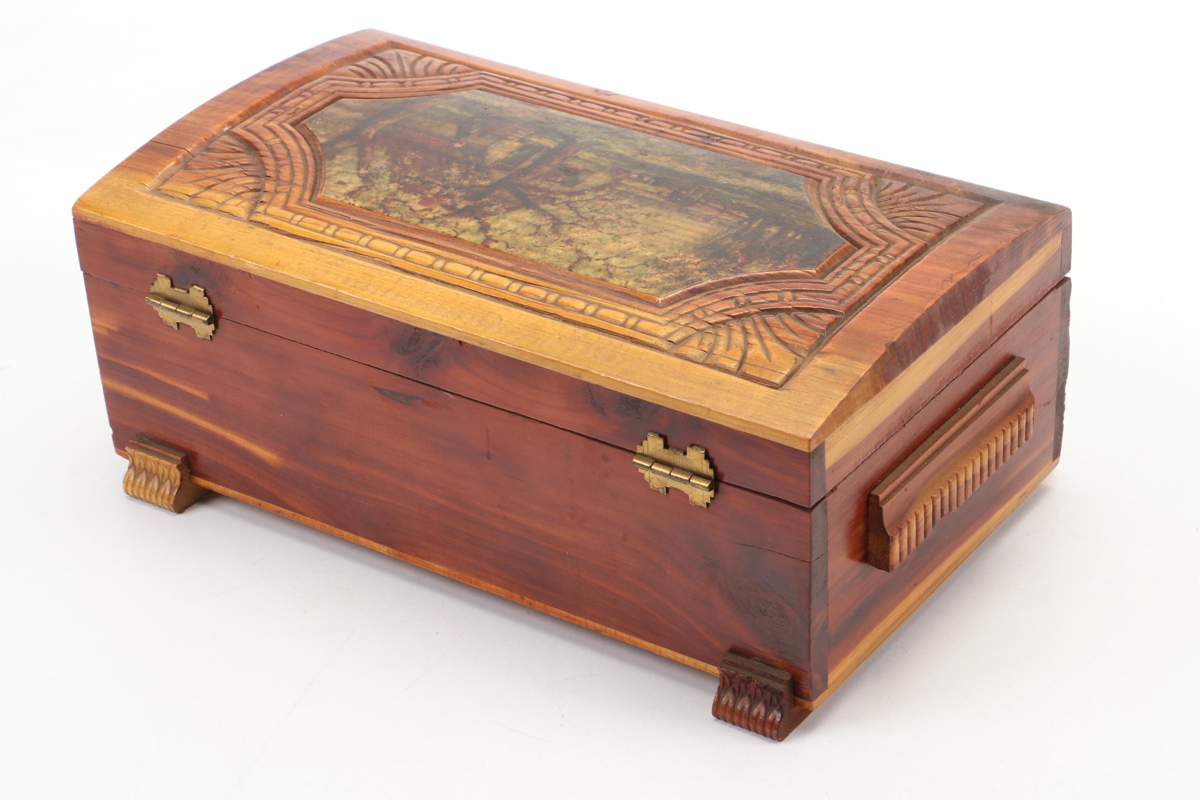 Hand-Carved Cedar Wood Document Box With Still Life Fruits Print in Frame