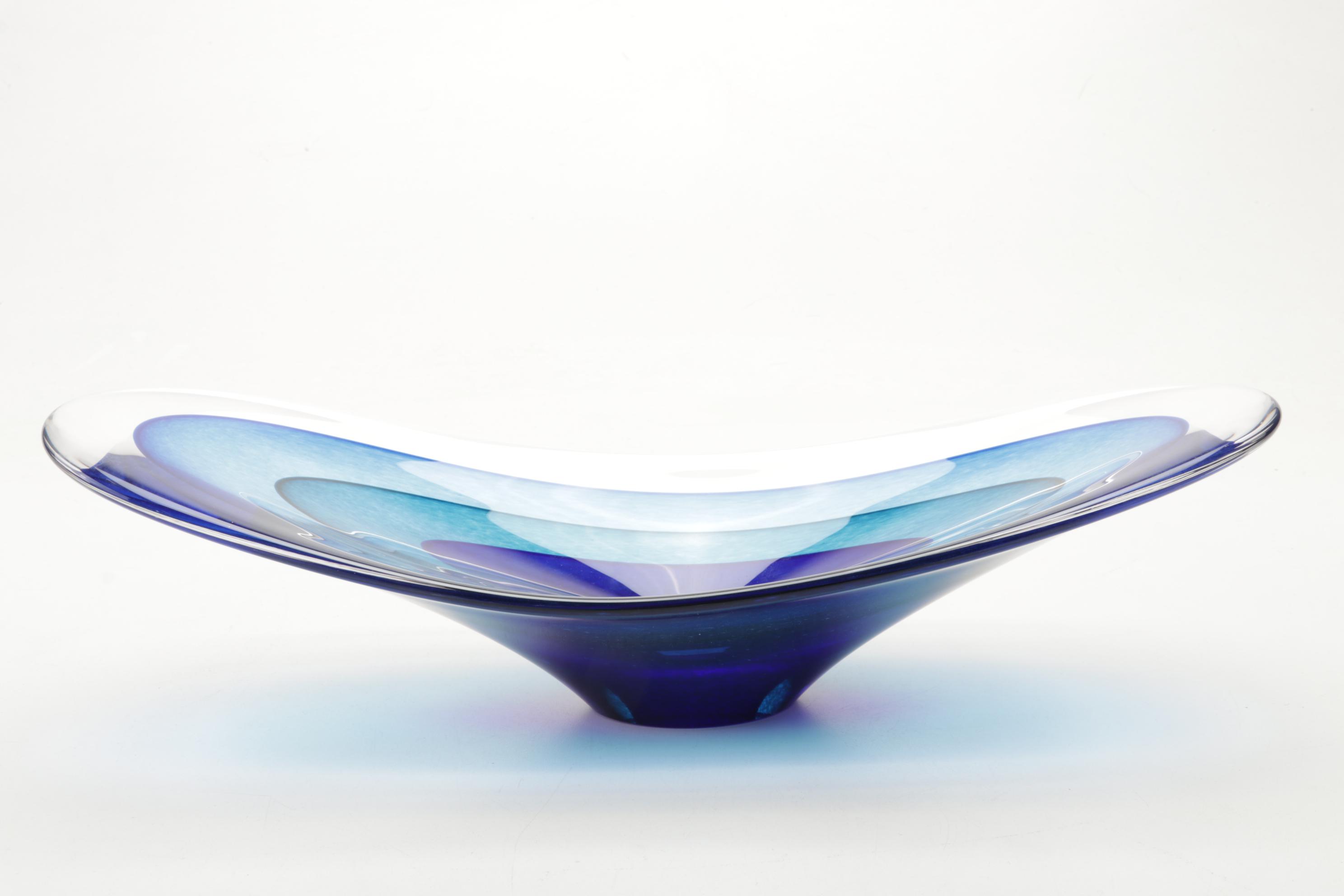 Teign Valley Glass "Saturn" Freeform Bowl With Blue Stripe Blown Glass Bowl