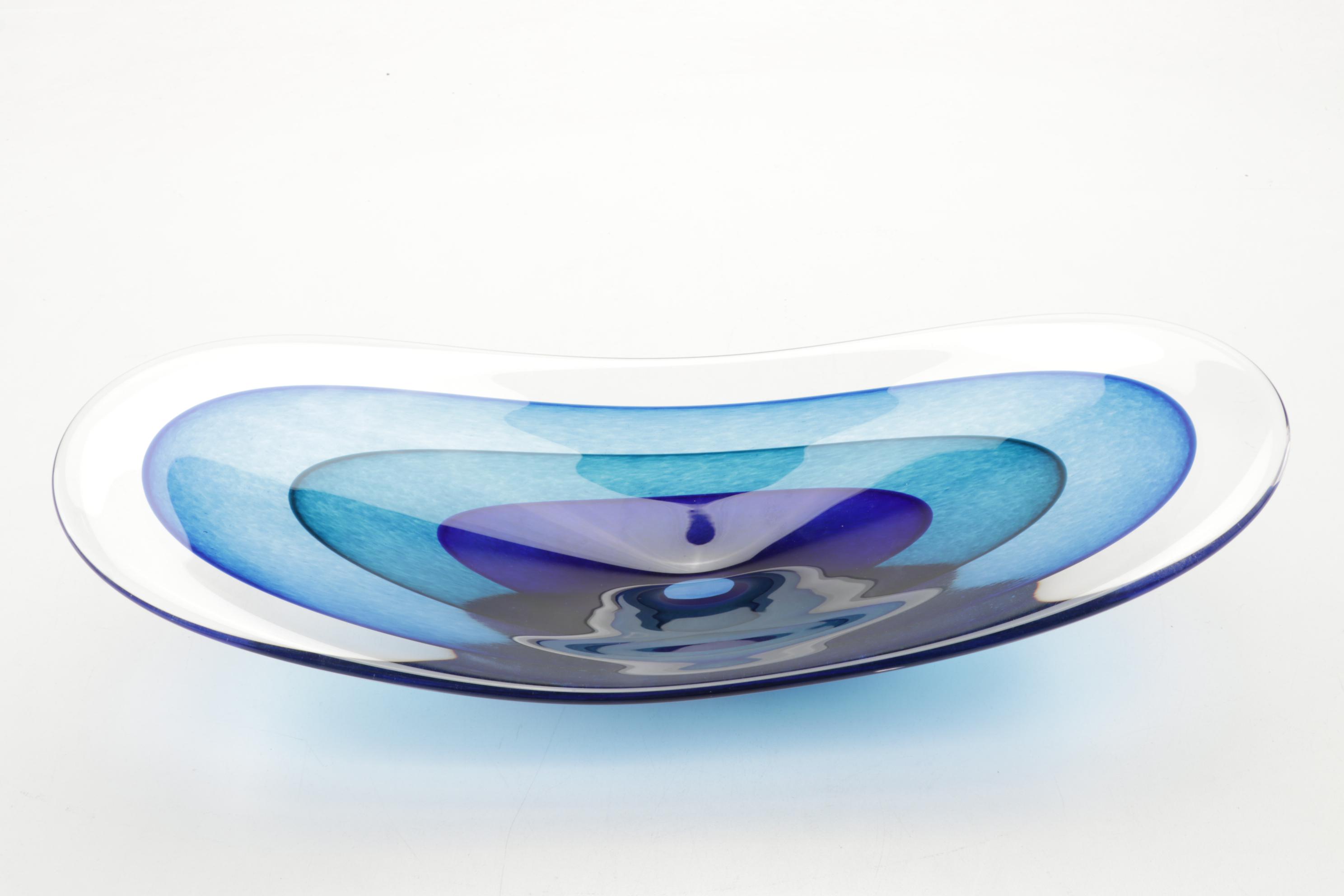 Teign Valley Glass "Saturn" Freeform Bowl With Blue Stripe Blown Glass Bowl