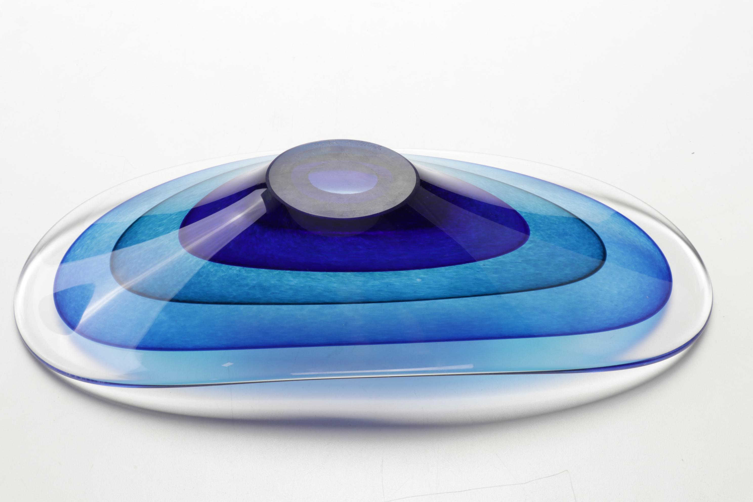 Teign Valley Glass "Saturn" Freeform Bowl With Blue Stripe Blown Glass Bowl