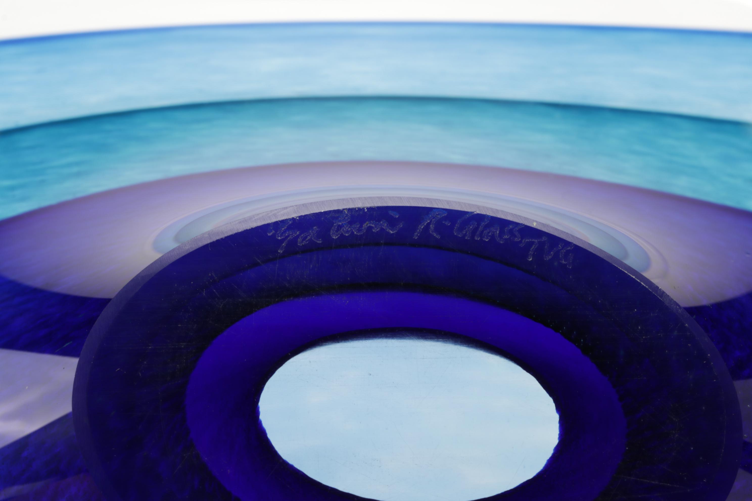 Teign Valley Glass "Saturn" Freeform Bowl With Blue Stripe Blown Glass Bowl