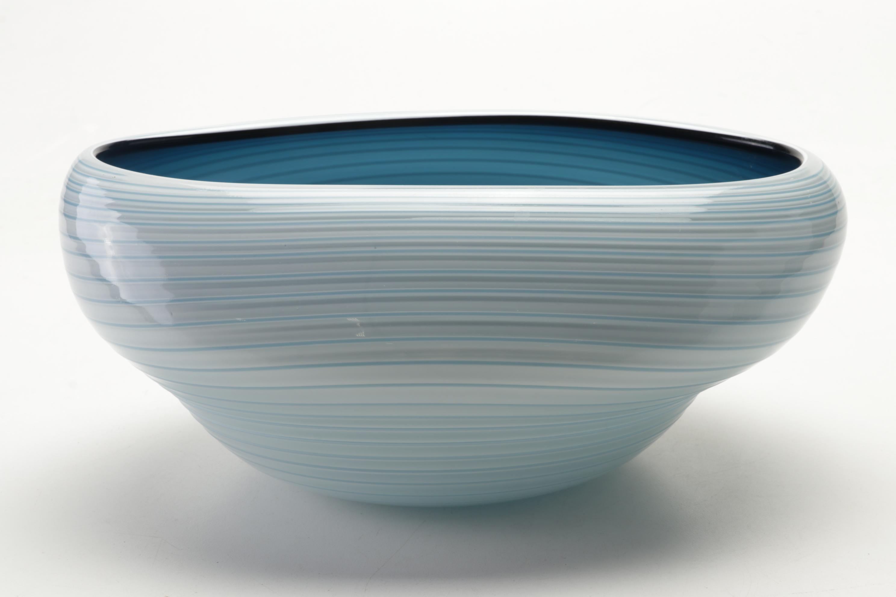Teign Valley Glass "Saturn" Freeform Bowl With Blue Stripe Blown Glass Bowl