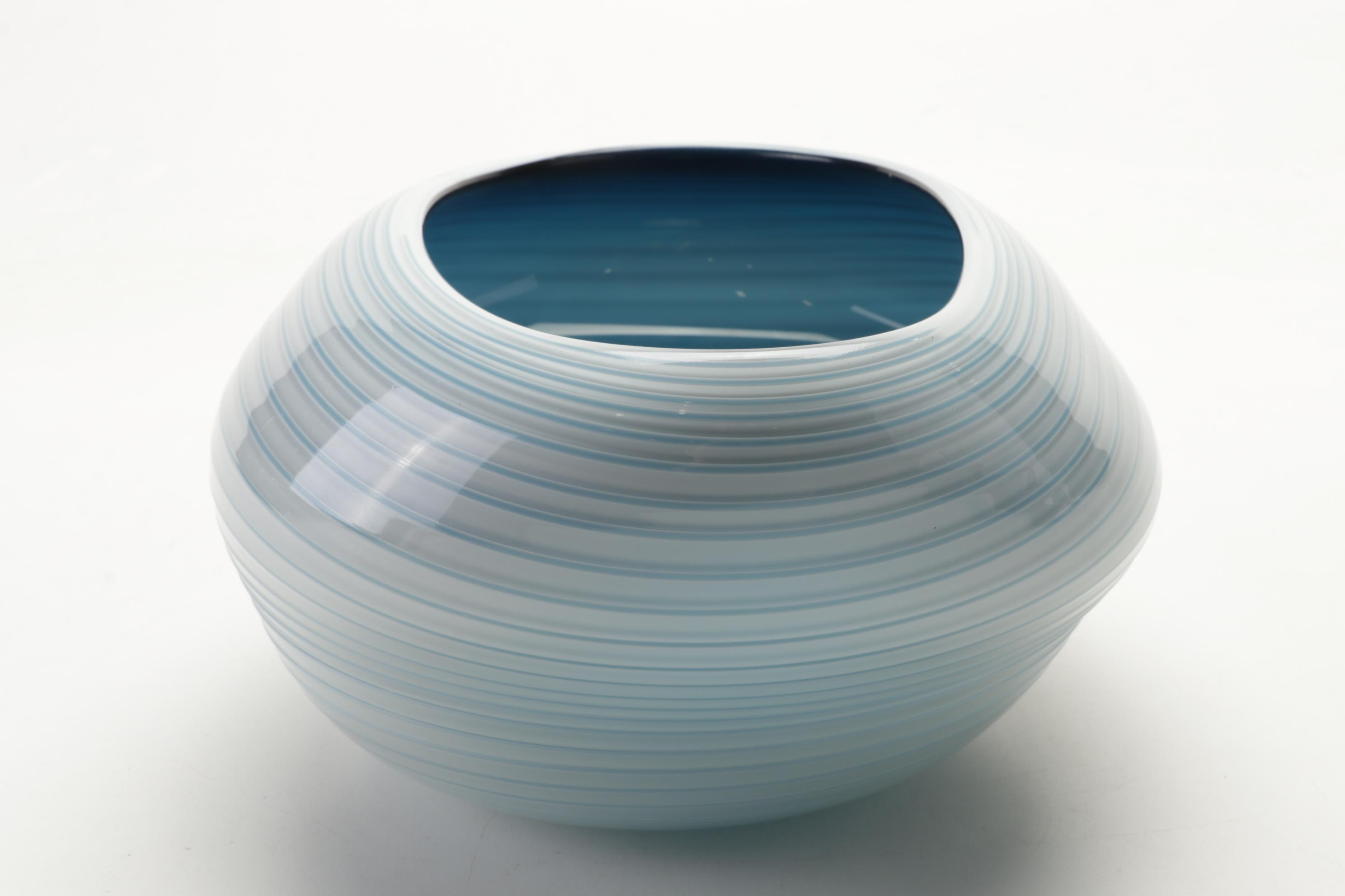 Teign Valley Glass "Saturn" Freeform Bowl With Blue Stripe Blown Glass Bowl
