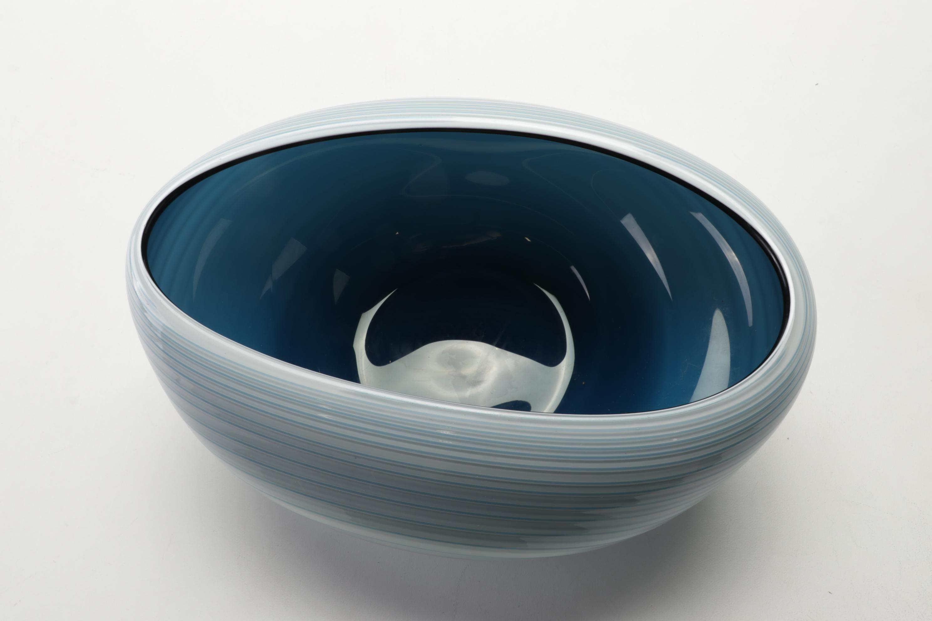 Teign Valley Glass "Saturn" Freeform Bowl With Blue Stripe Blown Glass Bowl