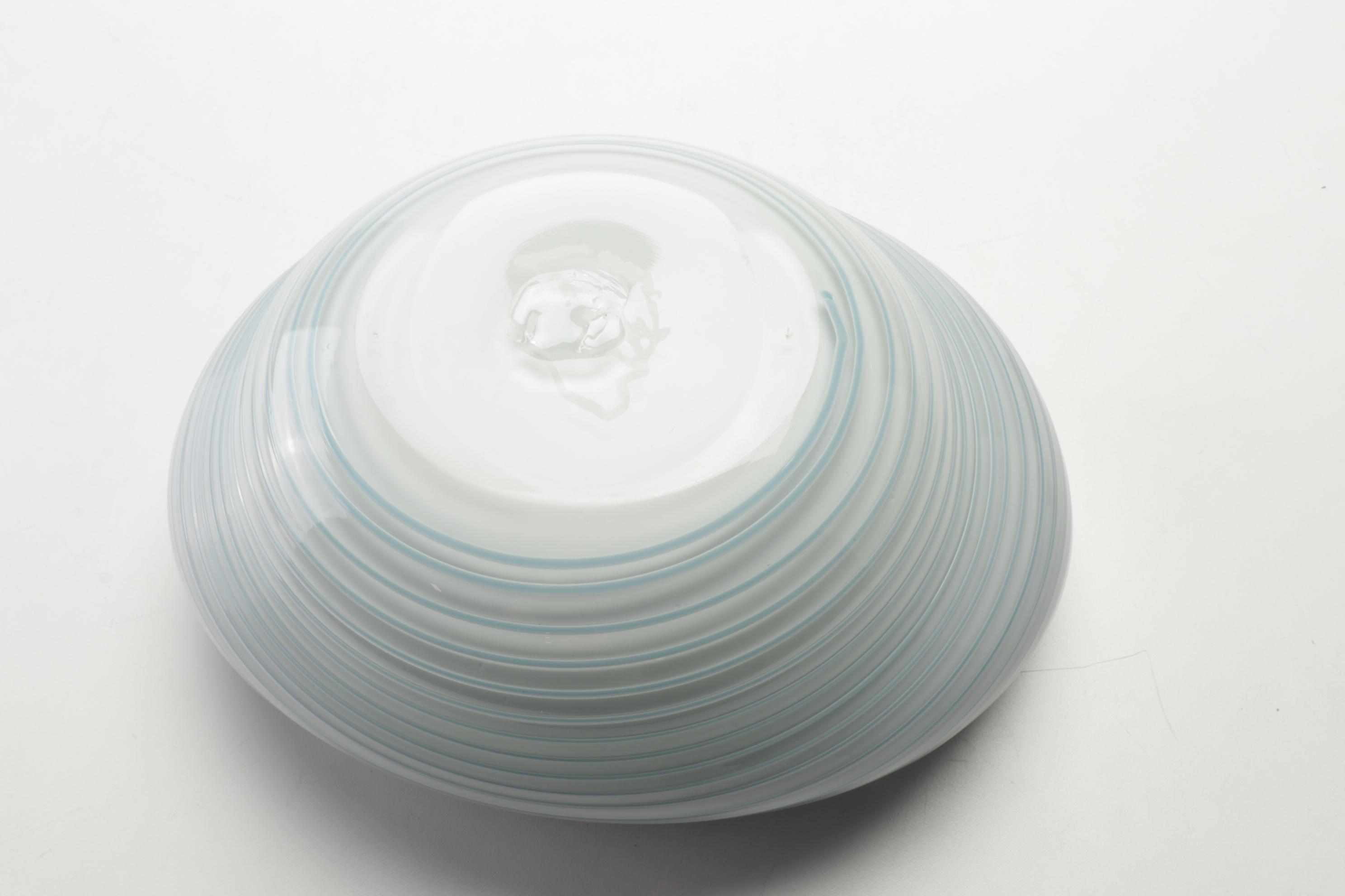 Teign Valley Glass "Saturn" Freeform Bowl With Blue Stripe Blown Glass Bowl