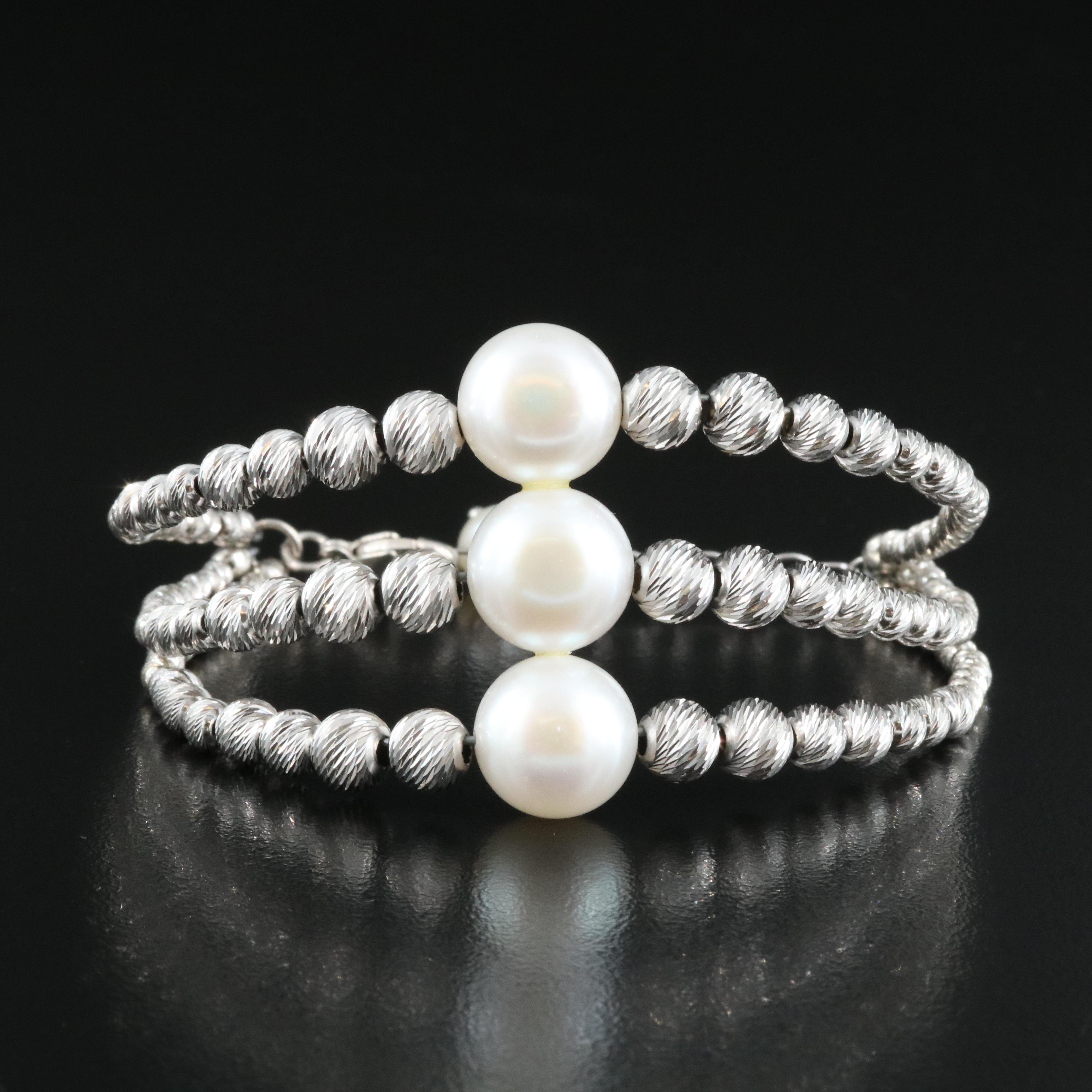 Sterling Fluted Bead and Pearl Bracelet
