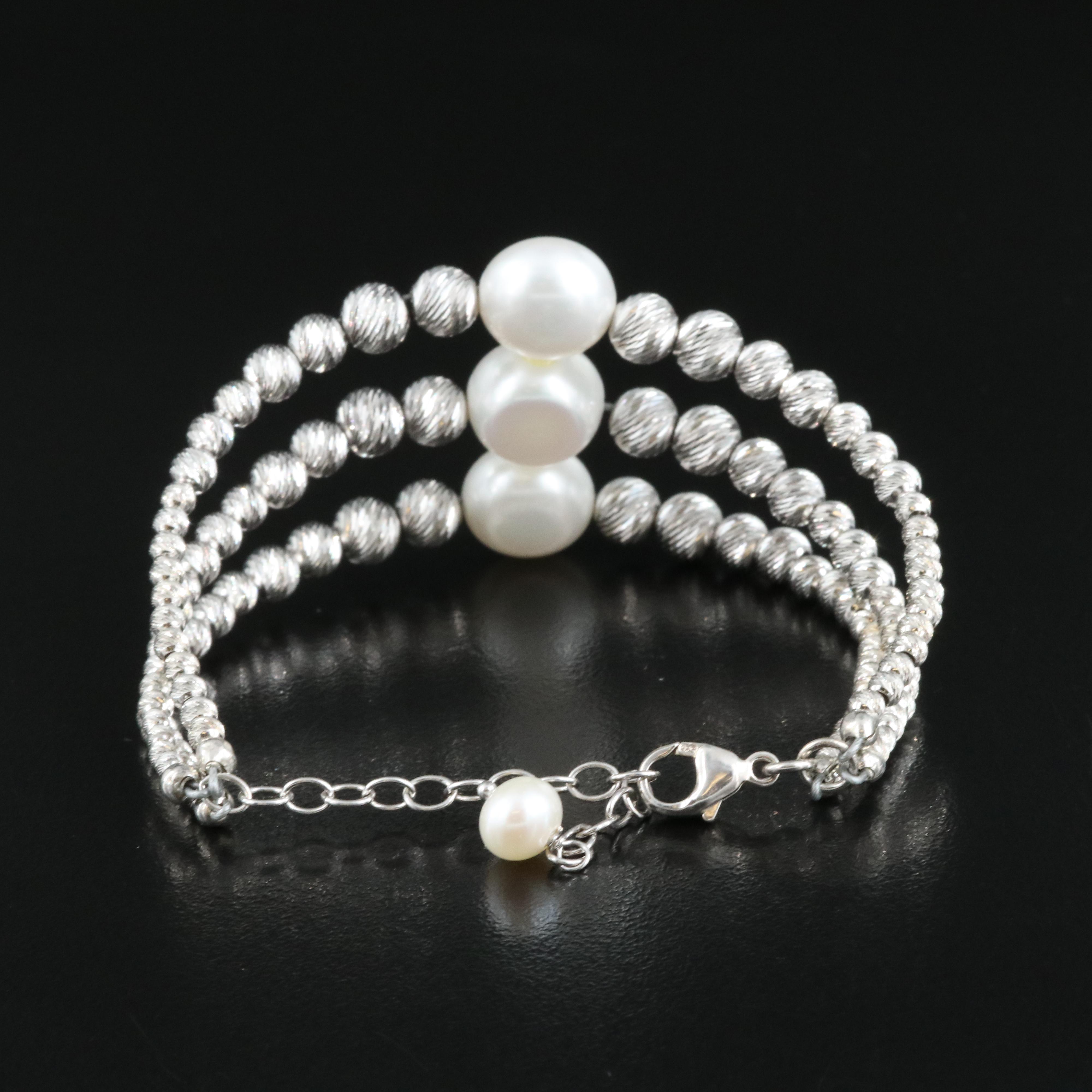 Sterling Fluted Bead and Pearl Bracelet