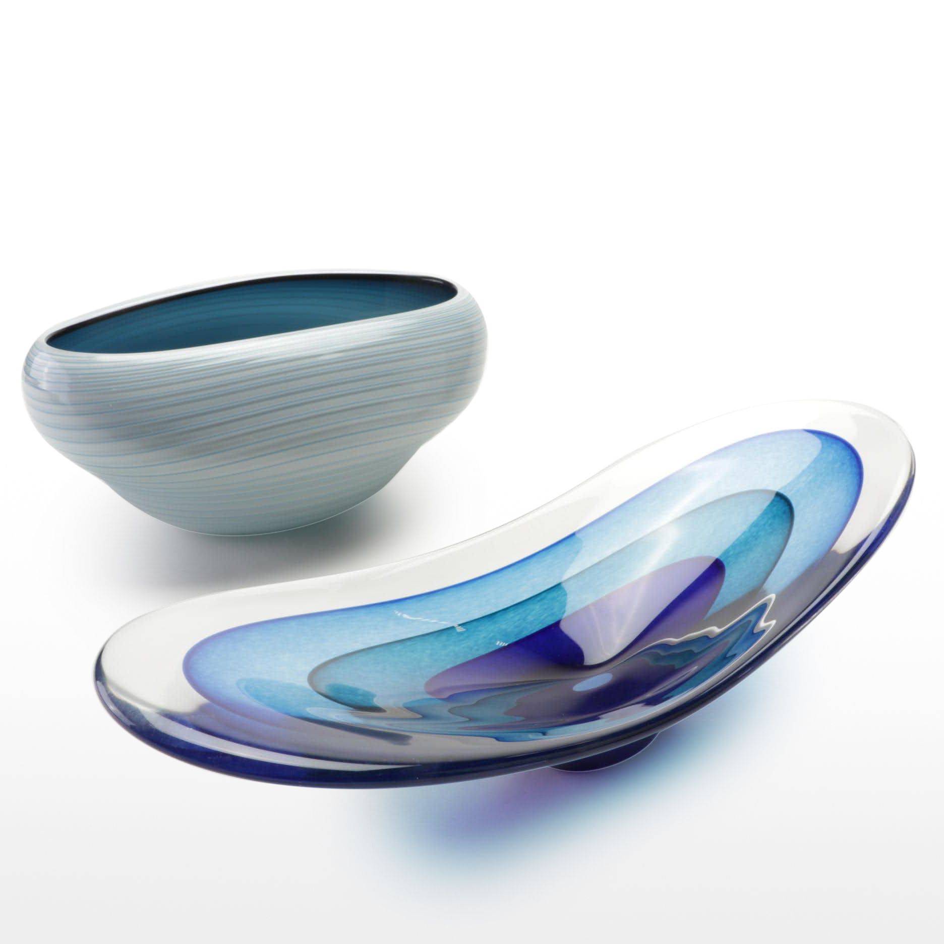 Teign Valley Glass "Saturn" Freeform Bowl With Blue Stripe Blown Glass Bowl