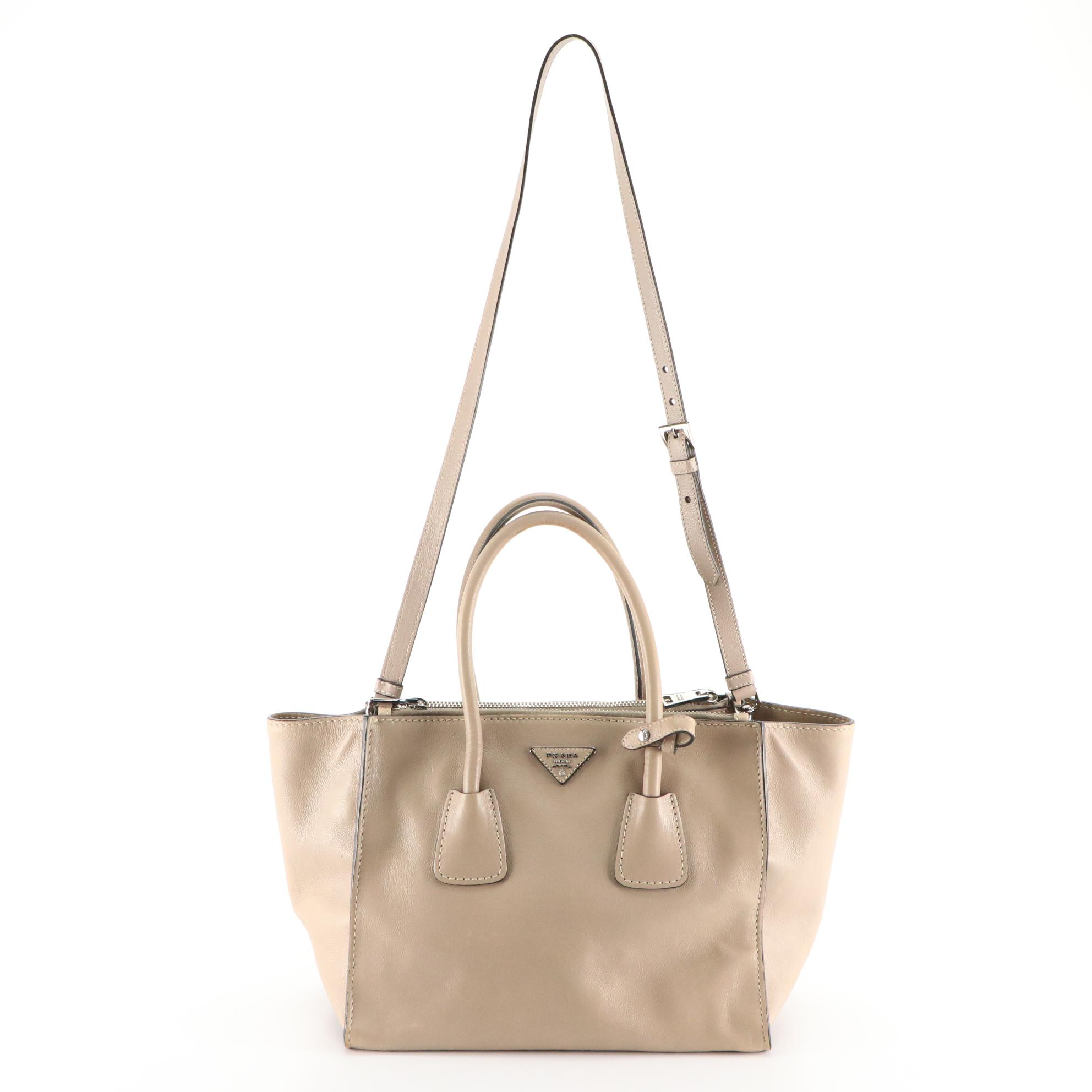Prada Twin Pocket Two-Way Tote Bag in Taupe Calfskin Leather