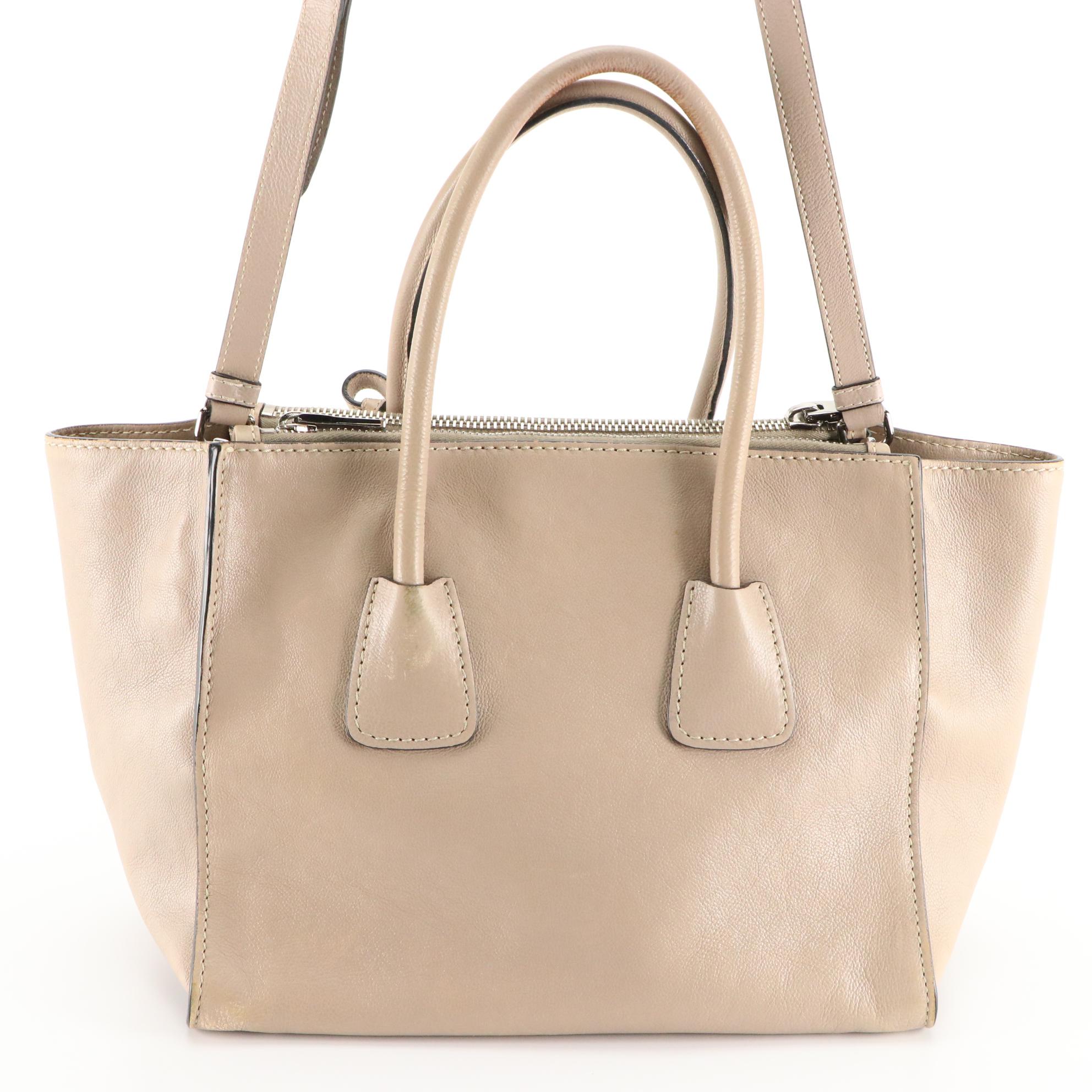 Prada Twin Pocket Two-Way Tote Bag in Taupe Calfskin Leather