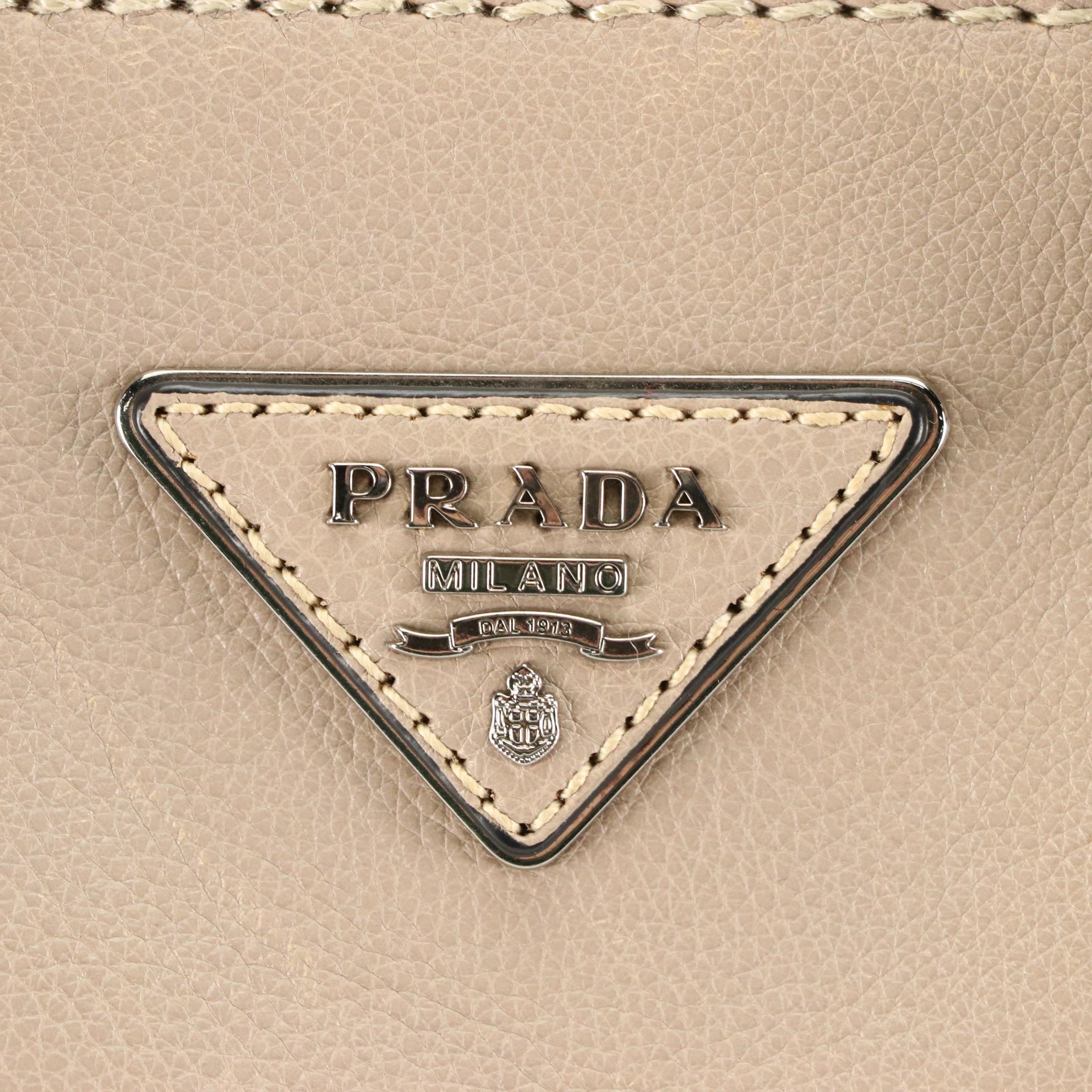 Prada Twin Pocket Two-Way Tote Bag in Taupe Calfskin Leather