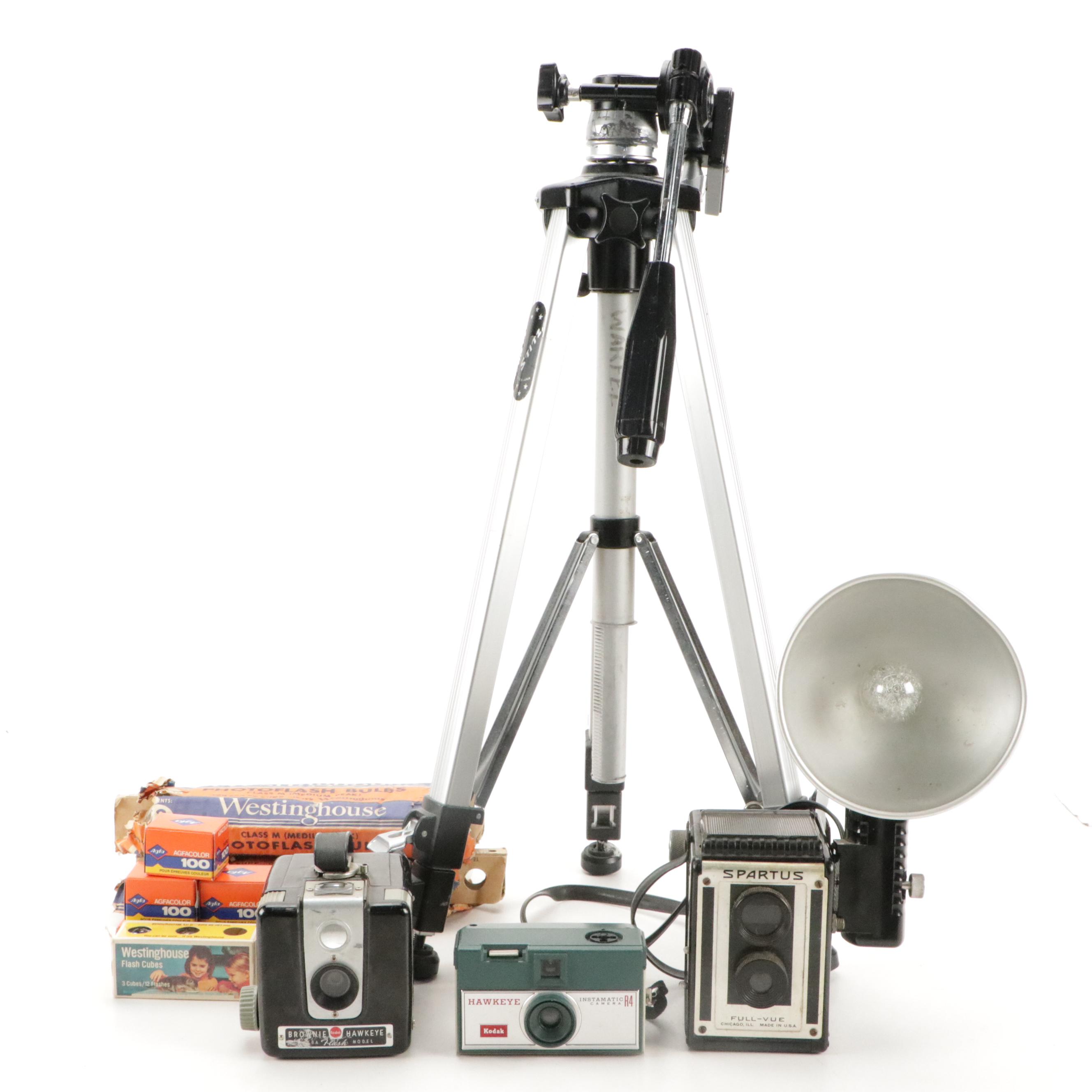 Spartus Full-Vue, Kodak Brownie Hawkeye and Other Cameras with Accesories