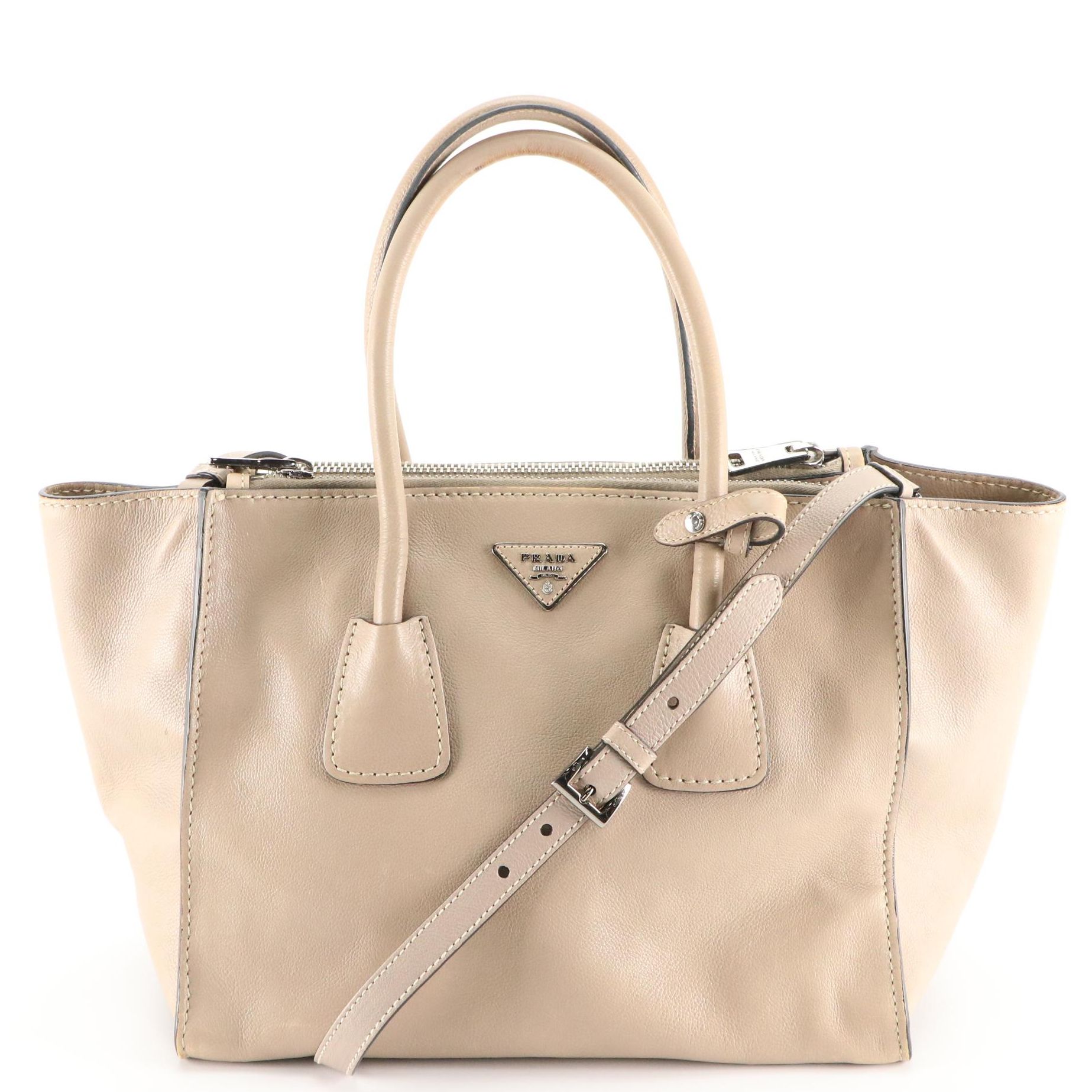 Prada Twin Pocket Two-Way Tote Bag in Taupe Calfskin Leather