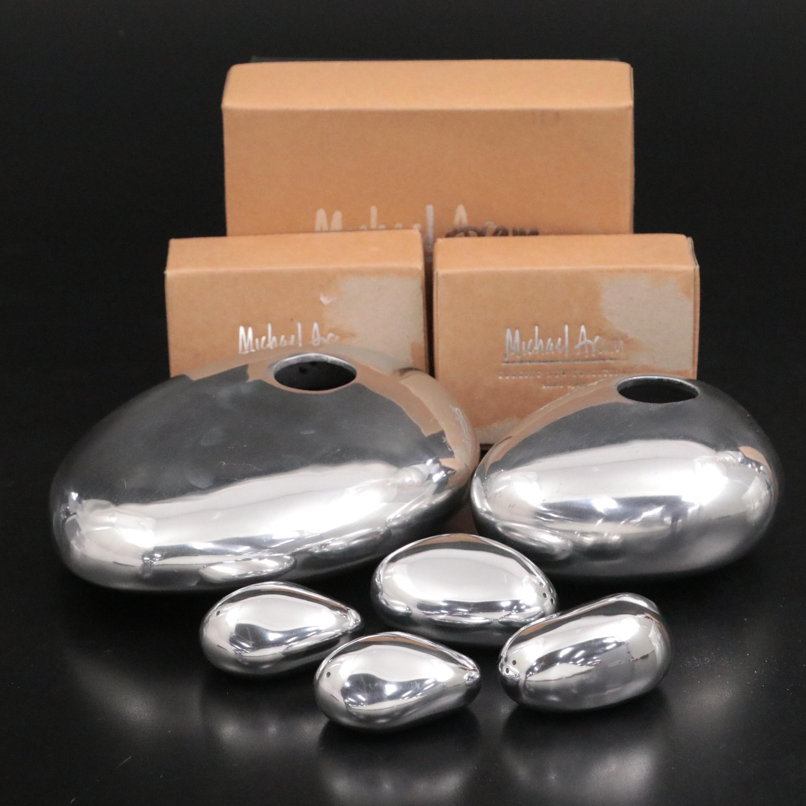 Michael Aram Polished Aluminum Rock Ikebana Vases, River Rock Shakers
