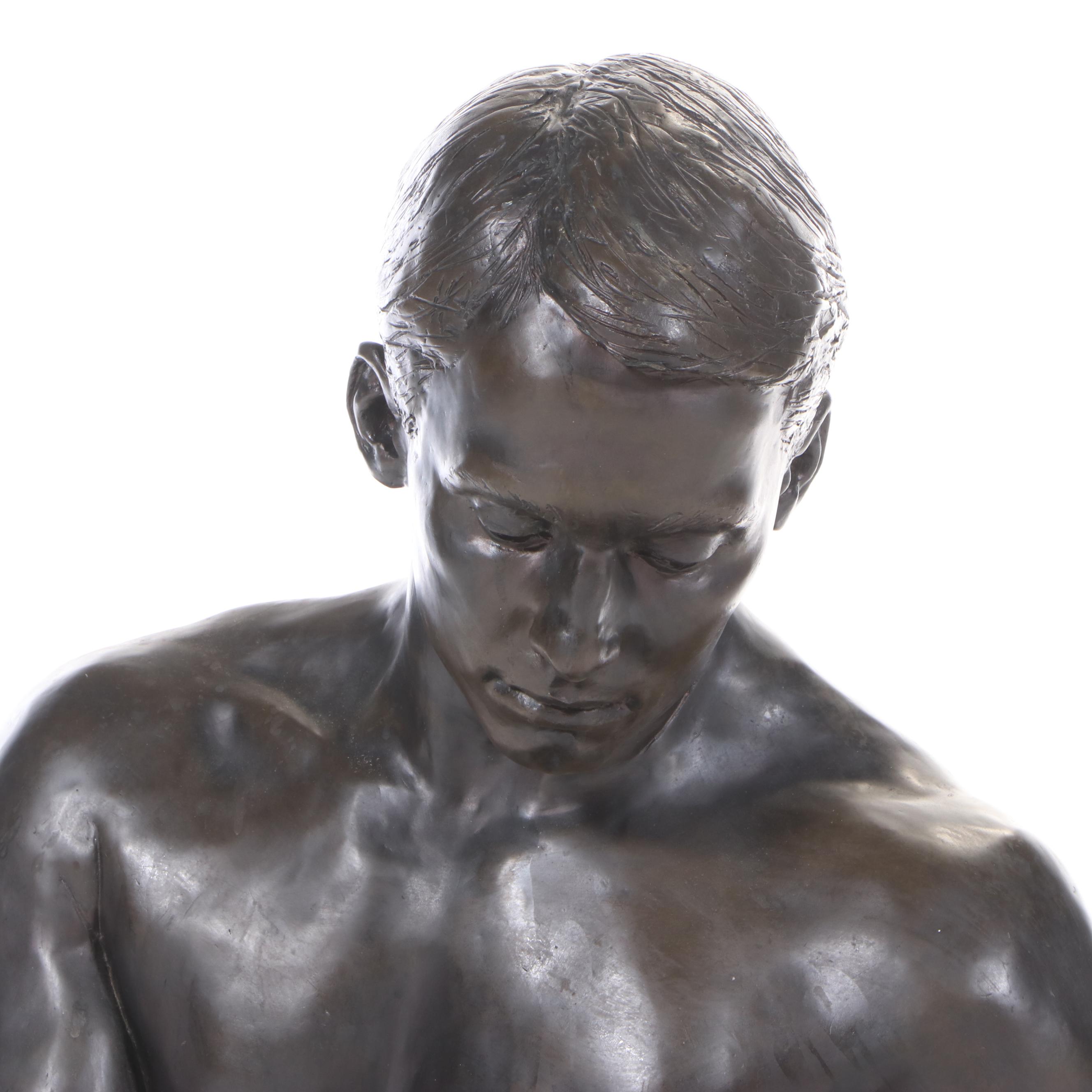 Gary Ross Life-Size Sitting Male Nude Bronze-Patinated Fiberglass Sculpture