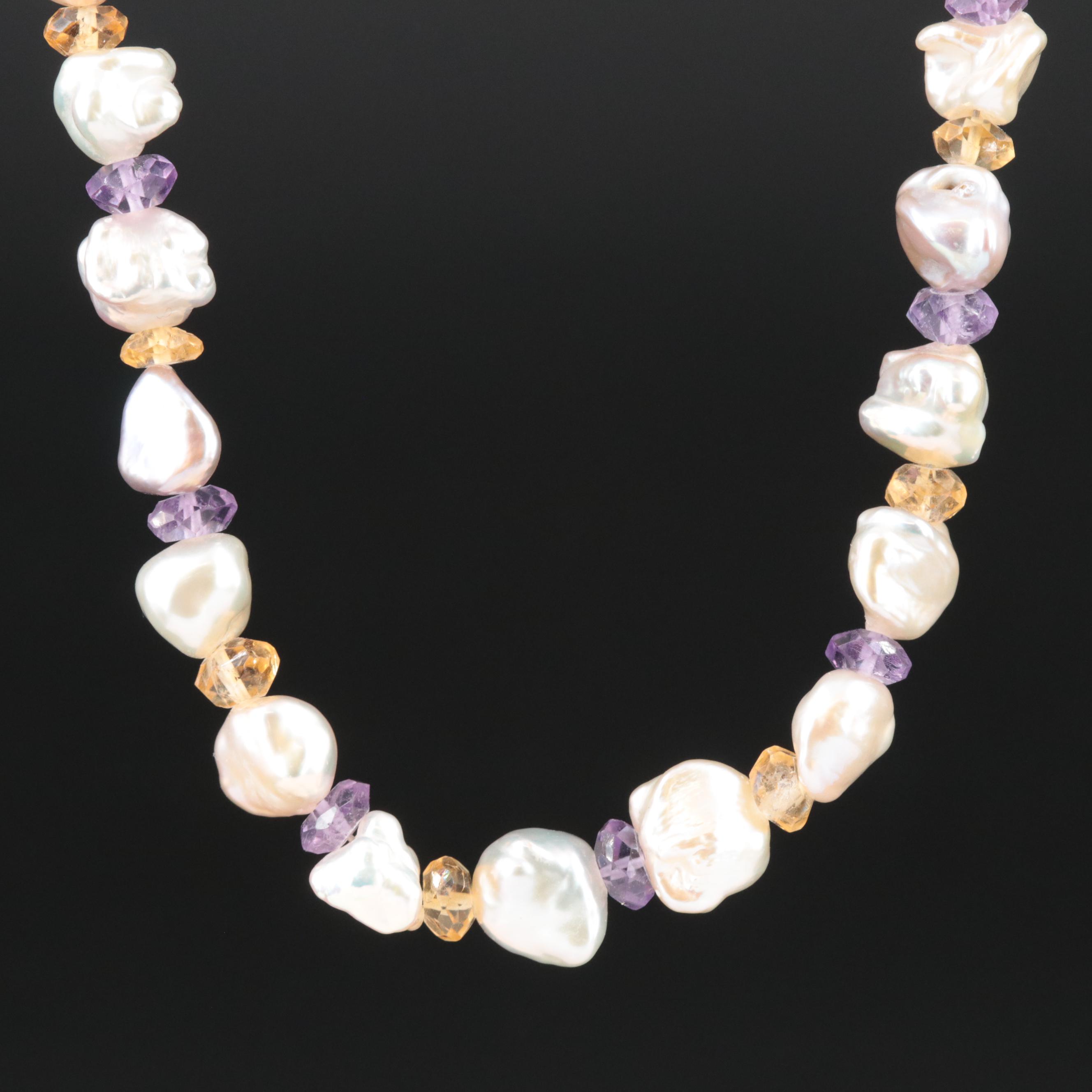 Pearl, Amethyst and Citrine Necklace with 14K Clasp