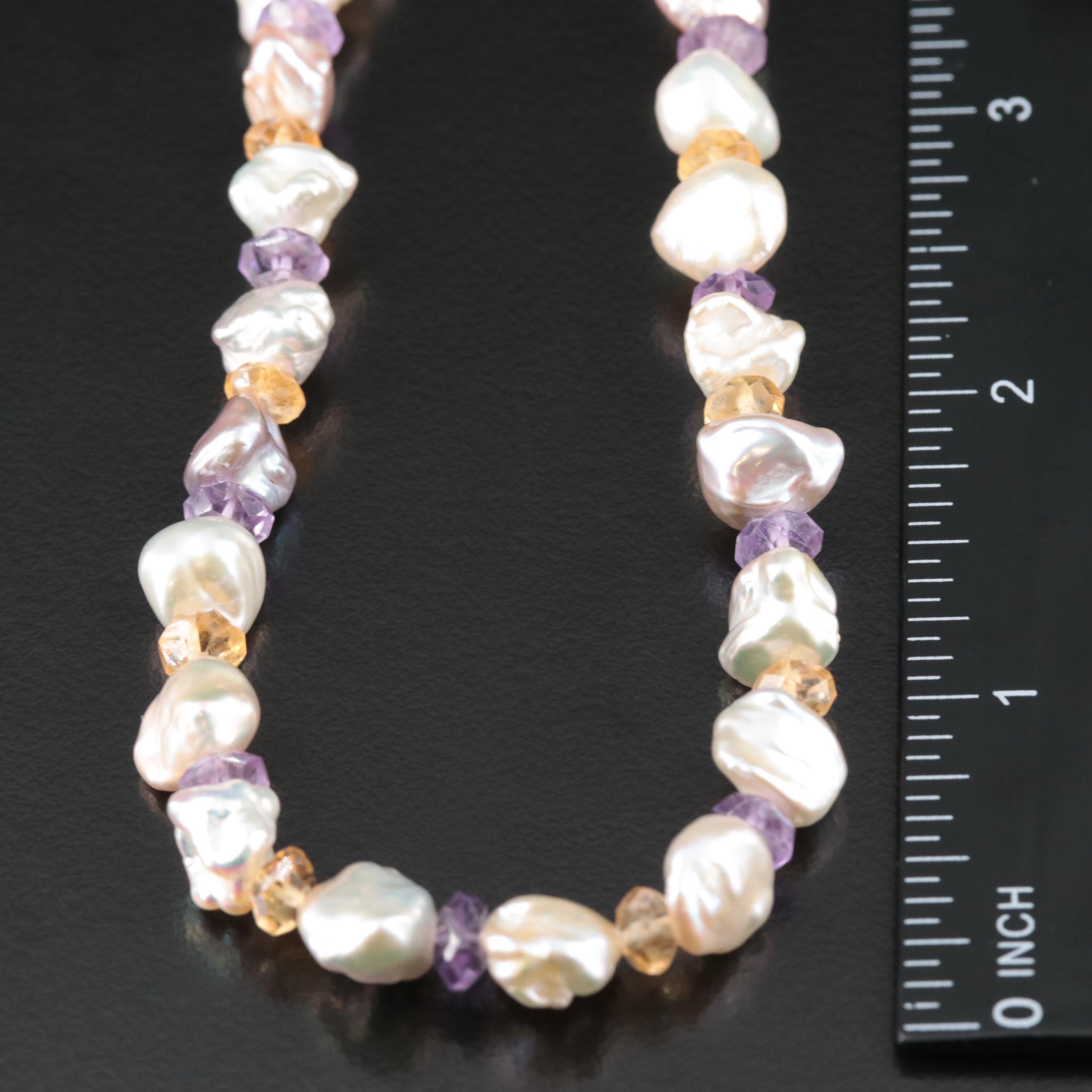 Pearl, Amethyst and Citrine Necklace with 14K Clasp
