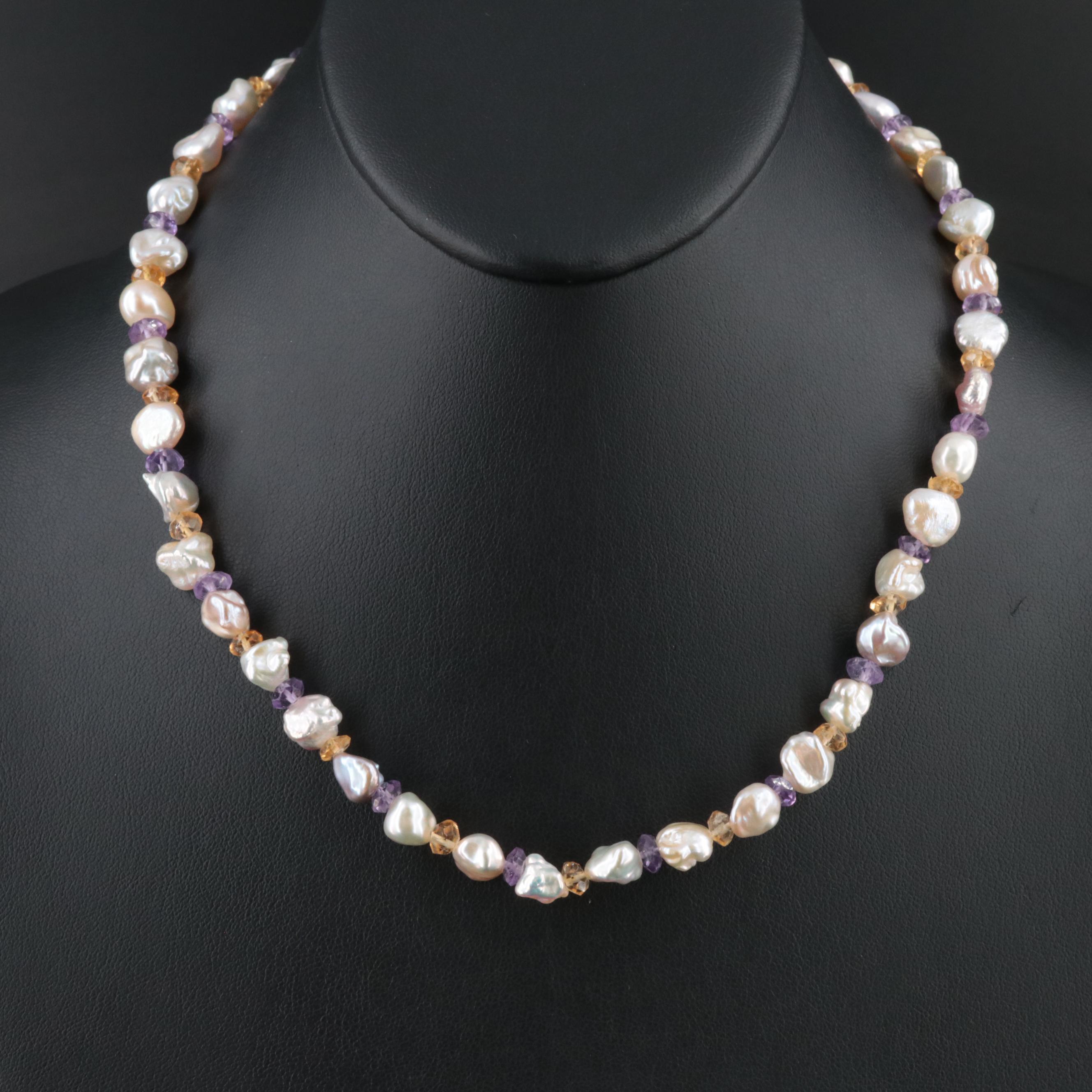 Pearl, Amethyst and Citrine Necklace with 14K Clasp