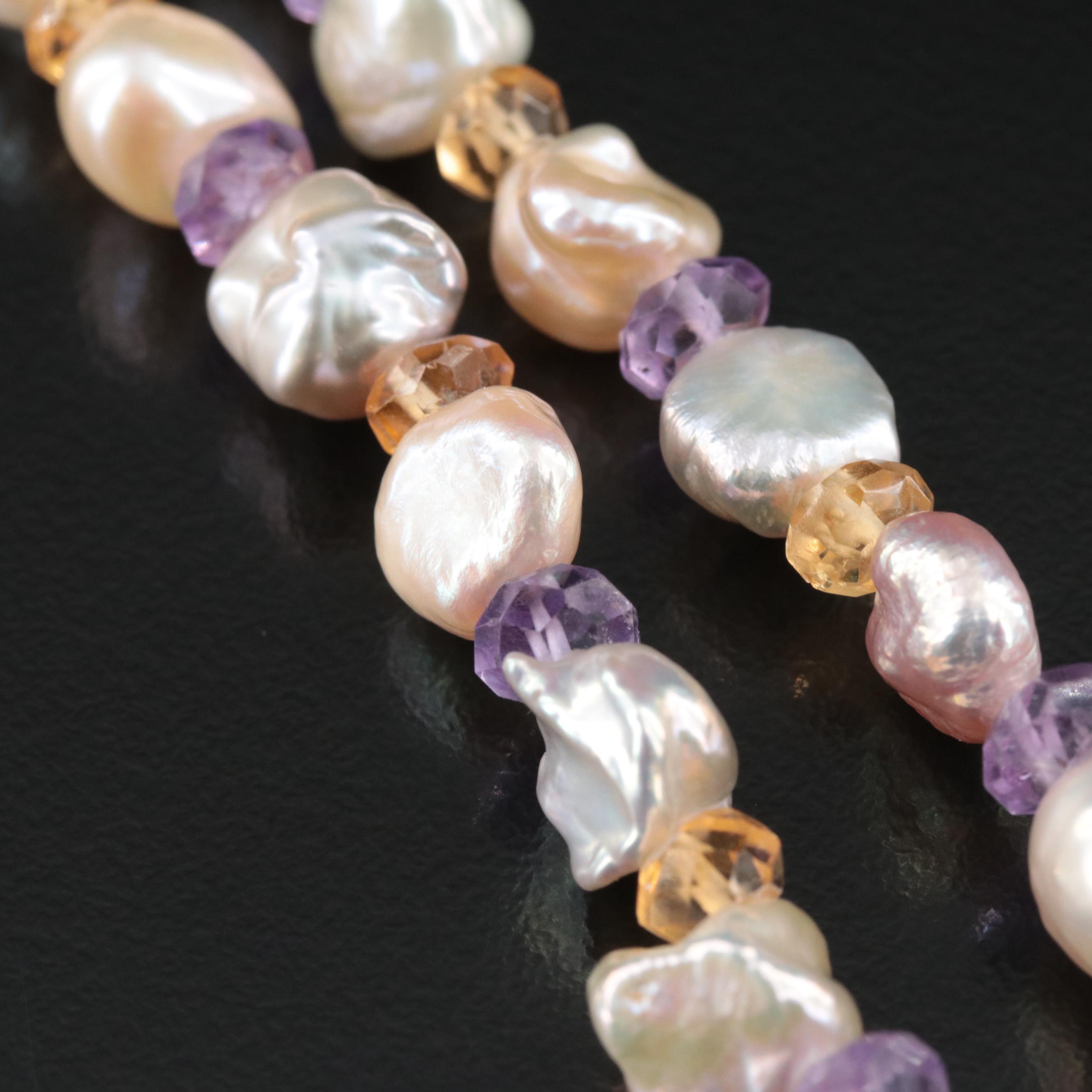 Pearl, Amethyst and Citrine Necklace with 14K Clasp