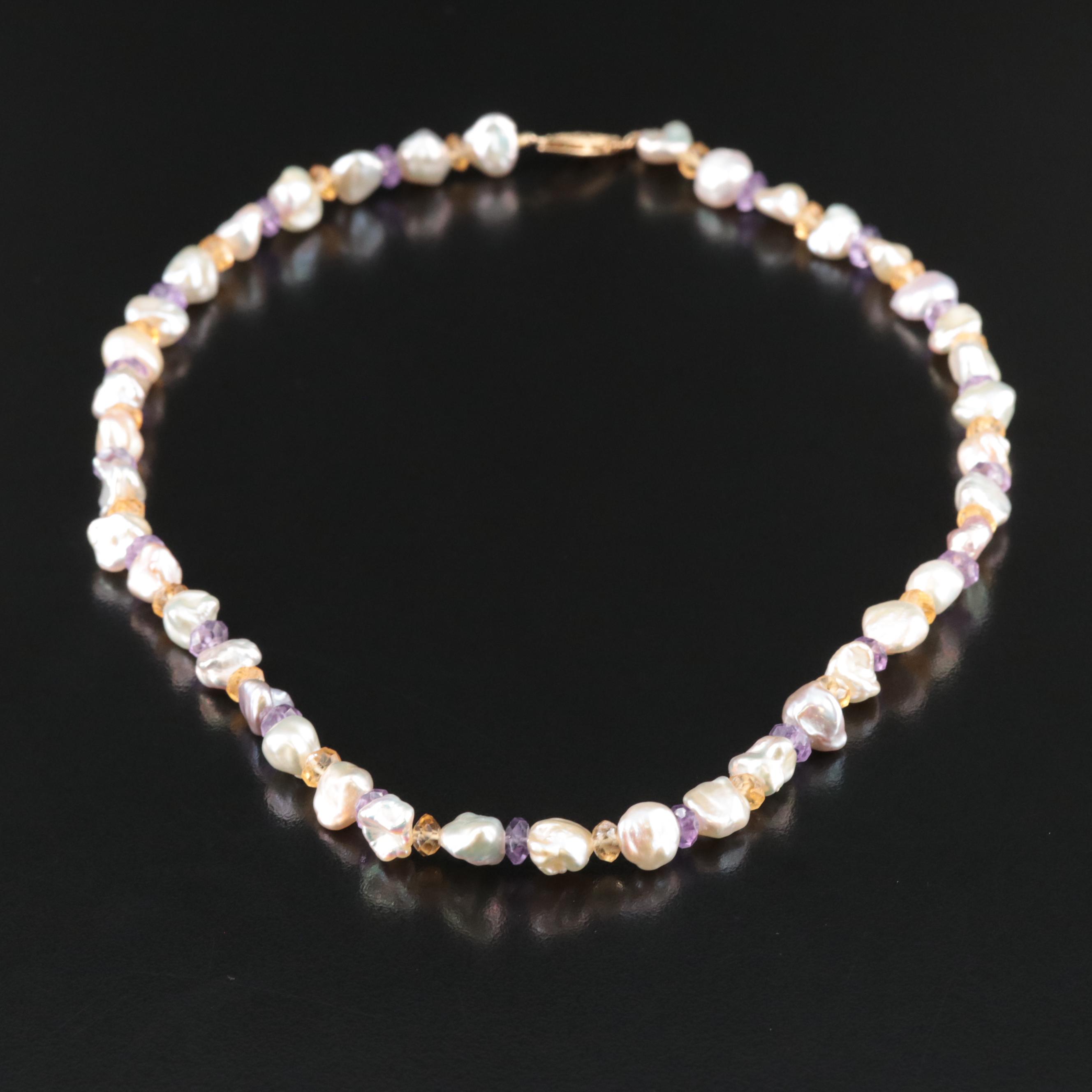 Pearl, Amethyst and Citrine Necklace with 14K Clasp