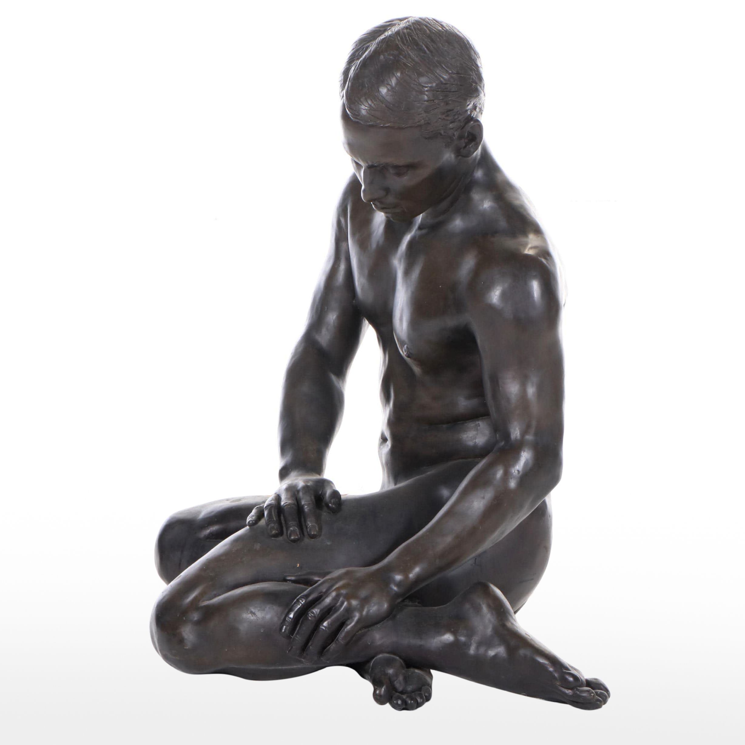 Gary Ross Life-Size Sitting Male Nude Bronze-Patinated Fiberglass Sculpture