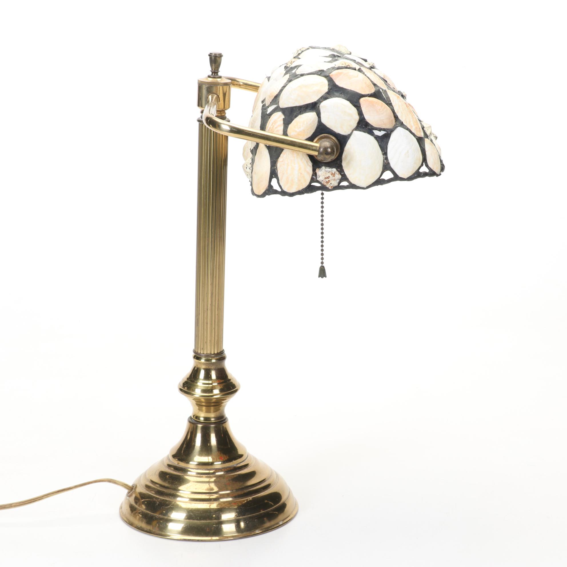 Richard Hoosin Brass Study Lamp With Shell and Slag Glass Shade