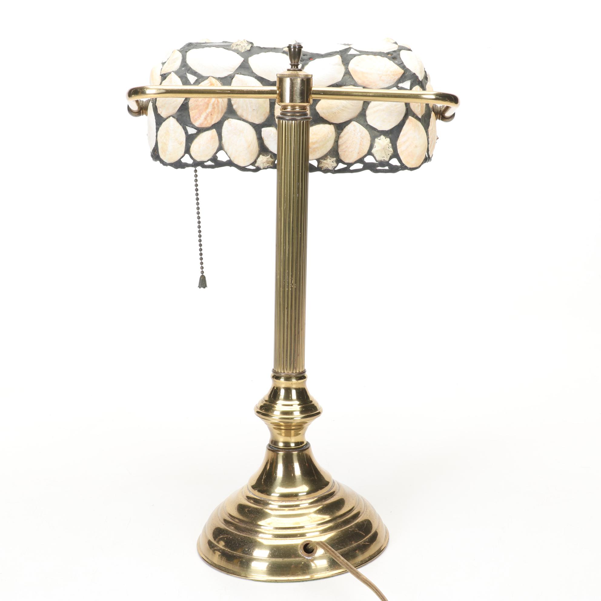 Richard Hoosin Brass Study Lamp With Shell and Slag Glass Shade