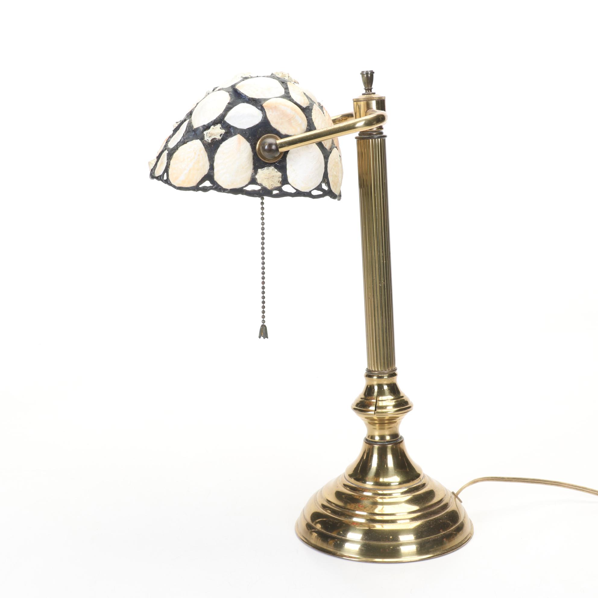 Richard Hoosin Brass Study Lamp With Shell and Slag Glass Shade
