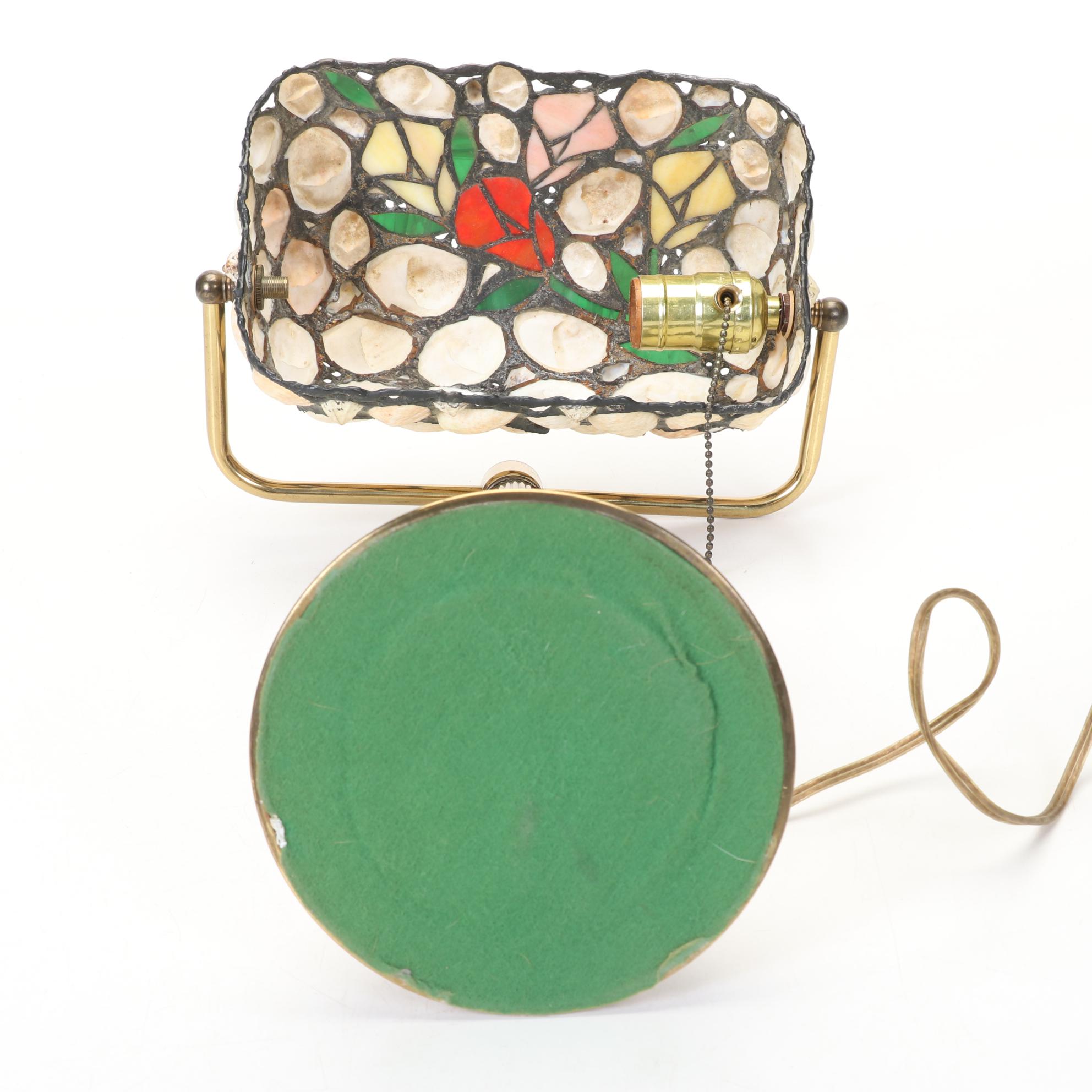 Richard Hoosin Brass Study Lamp With Shell and Slag Glass Shade