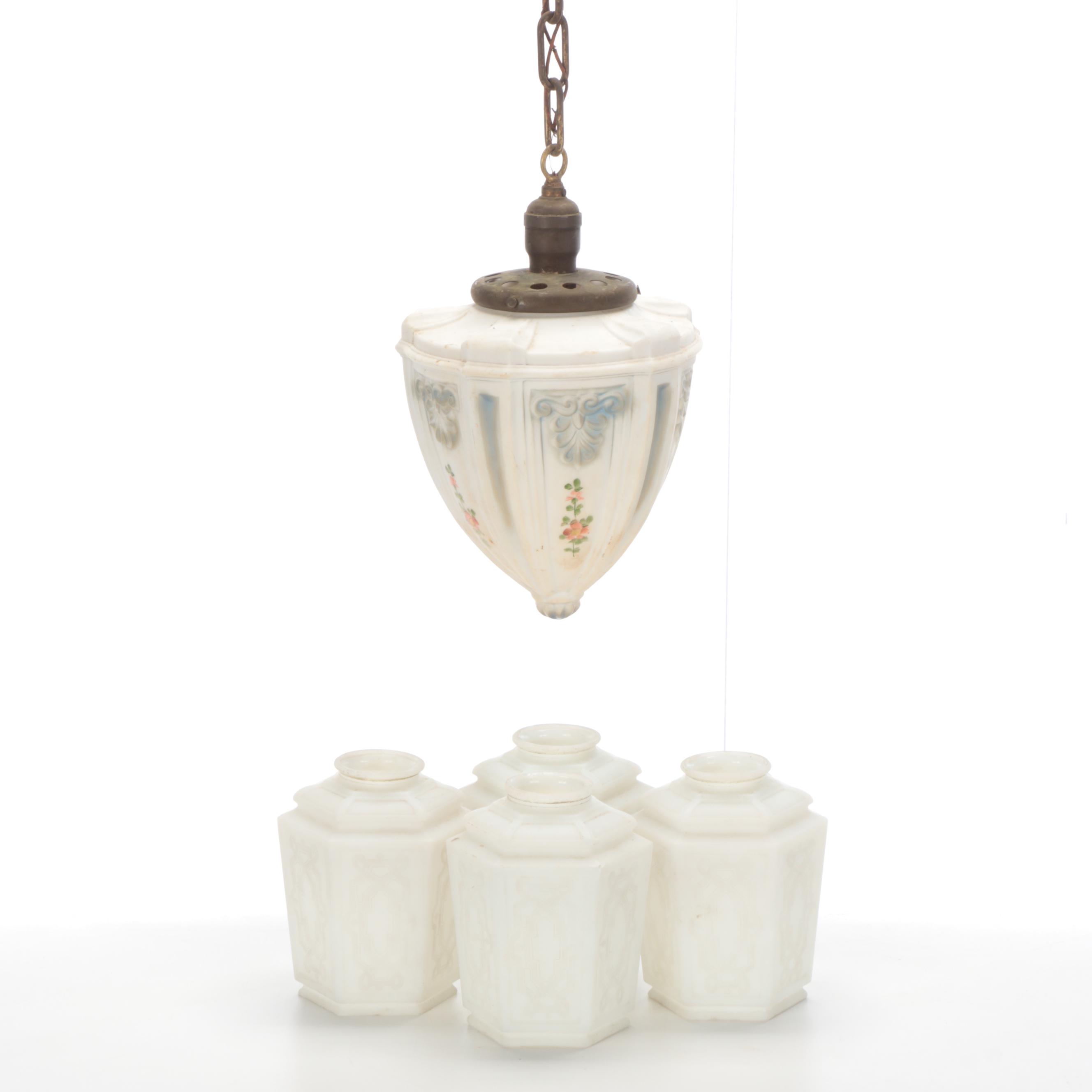 Art Deco Style Molded Glass Hanging Pendant Light with Glass Paneled Shades