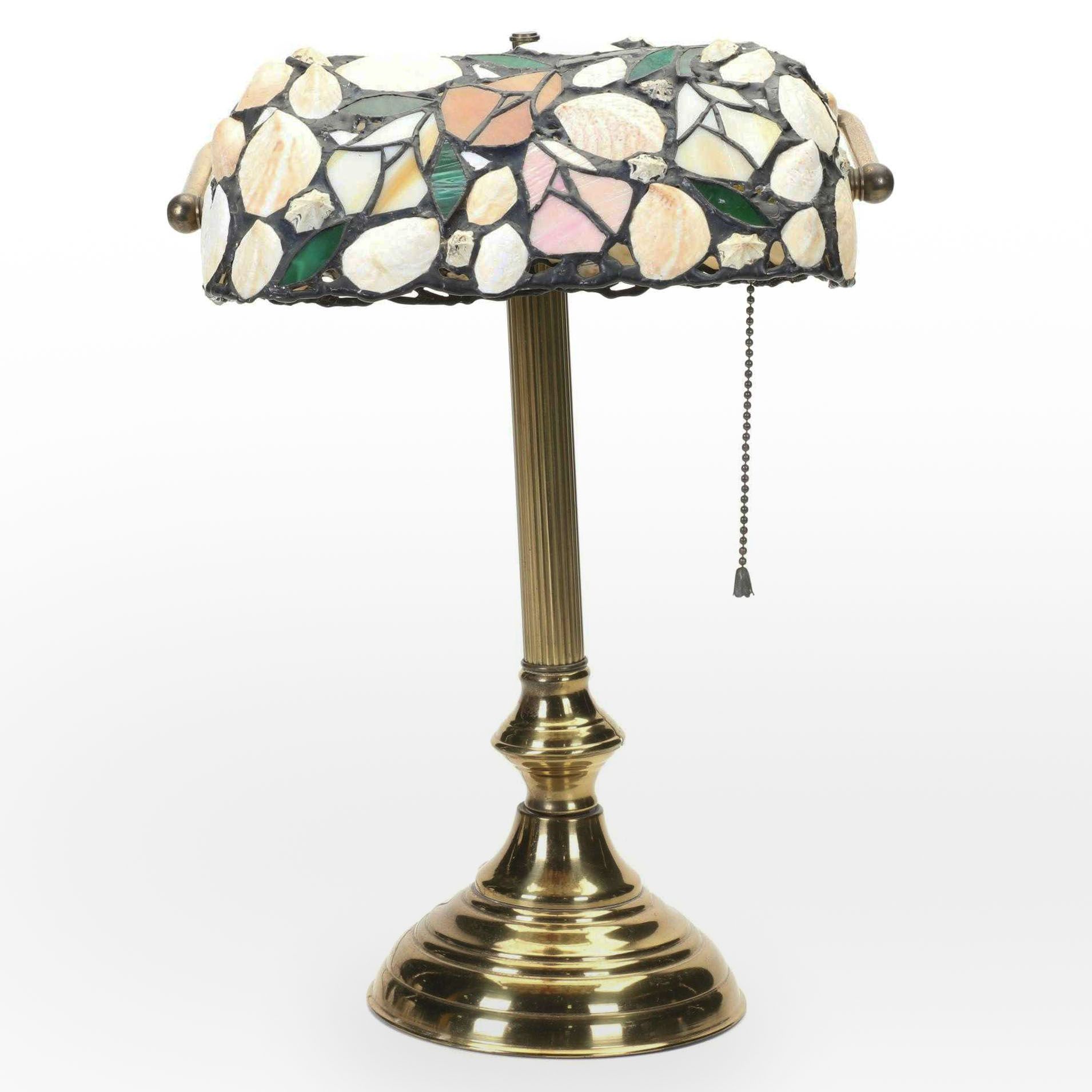 Richard Hoosin Brass Study Lamp With Shell and Slag Glass Shade