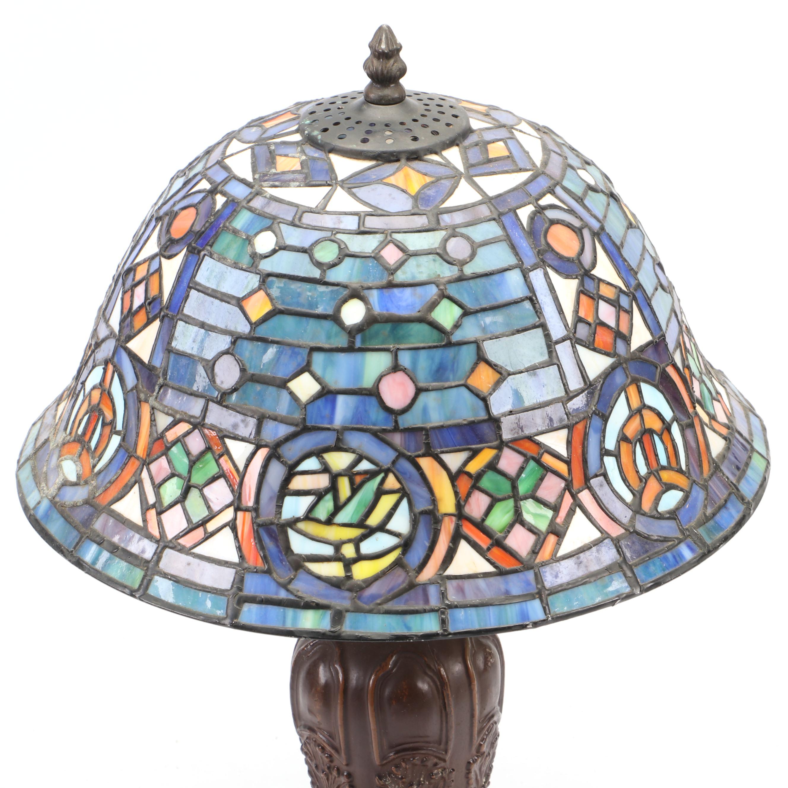 Slag Glass Table Lamp with Patinated Metal Body